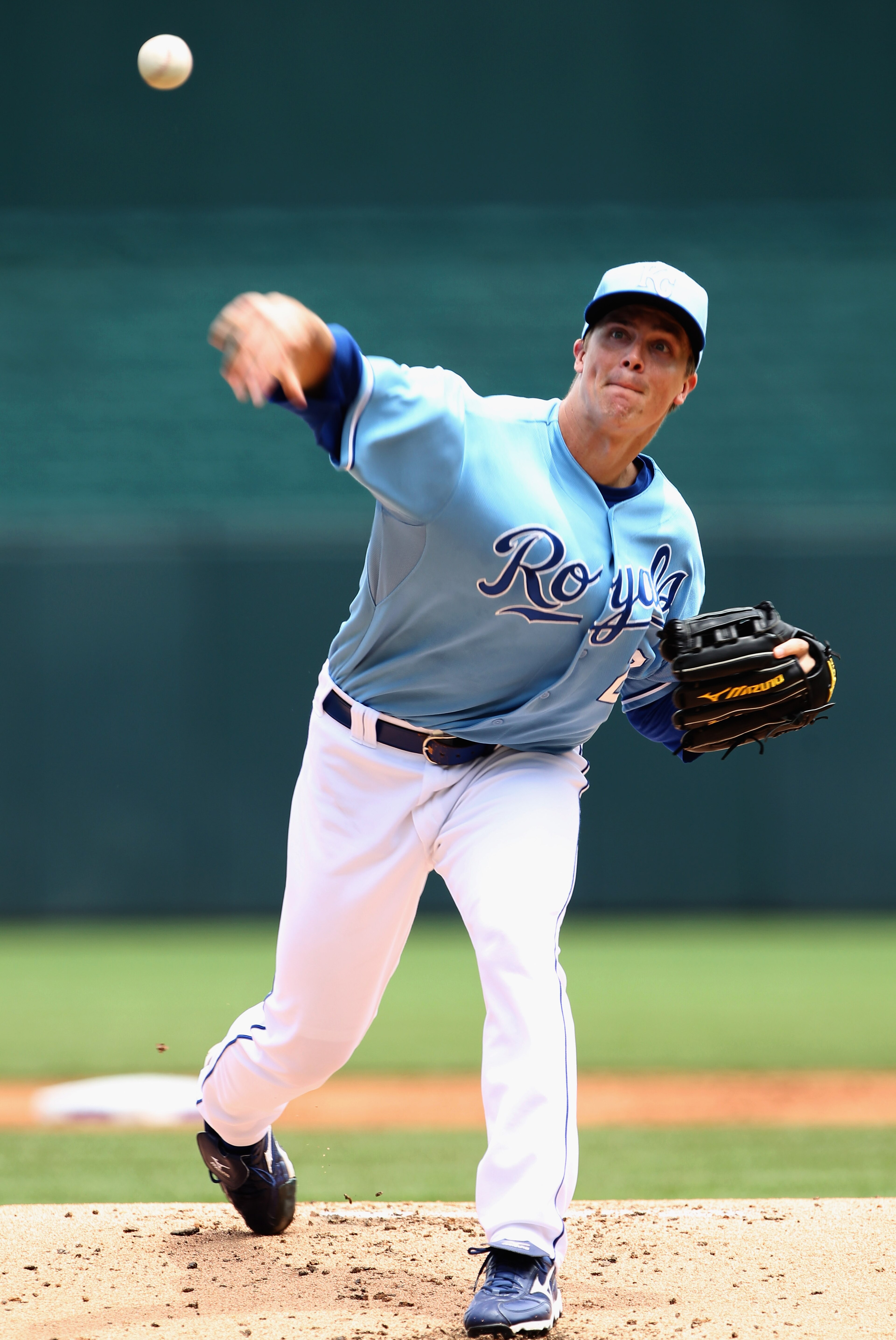 KANSAS CITY, MO - JULY 21:  Starting pitcher Zack Greinke #23 of the Kansas City Royals warms-up just prior to the start of the game against the Toronto Blue Jays at Kauffman Stadium on July 21, 2010 in Kansas City, Missouri.  (Photo by Jamie Squire/Getty