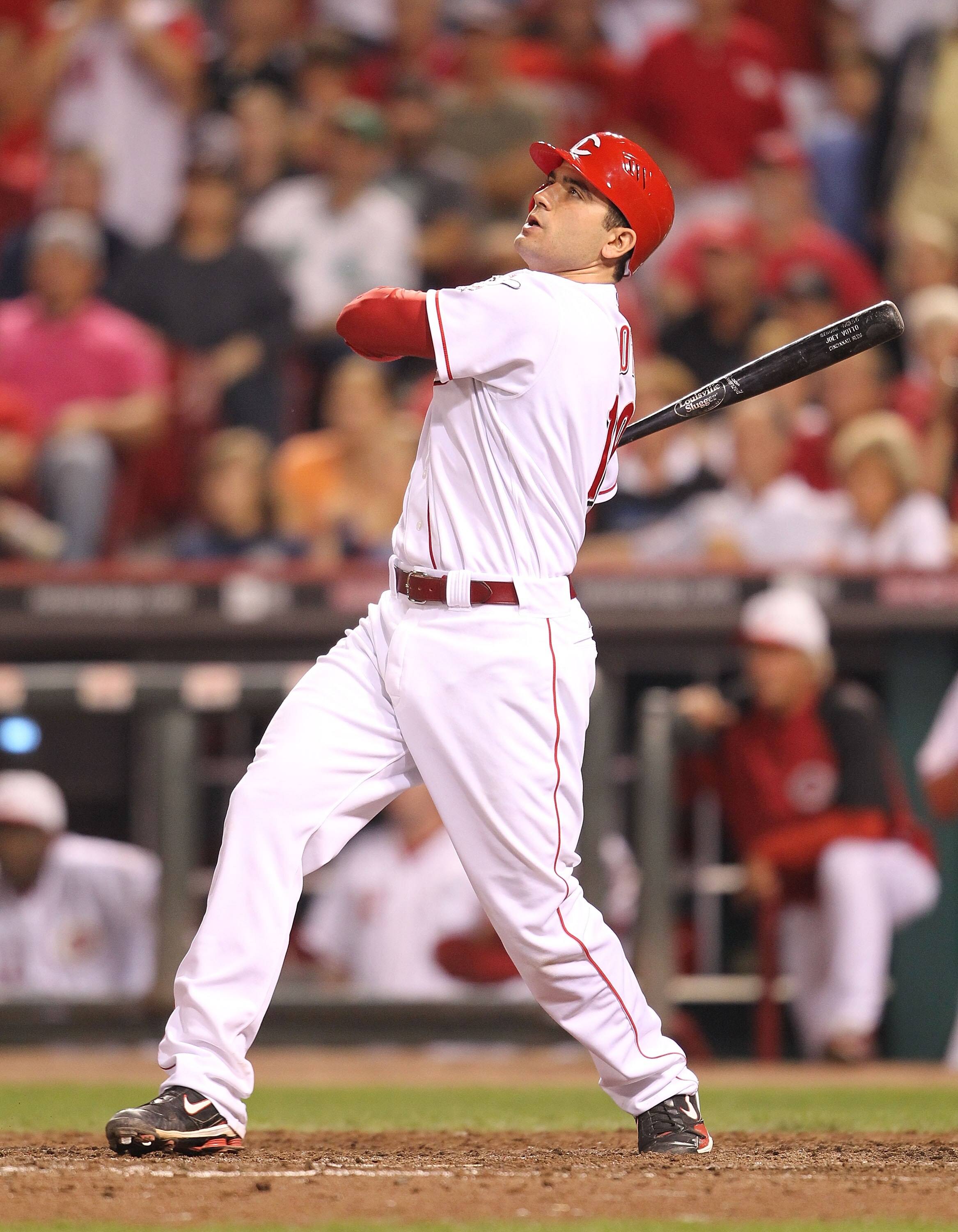 CINCINNATI - SEPTEMBER 11:  Joey Votto #19 of the Cincinnati Reds hits a game winning home run during the game against the Pittsburg Pirates at Great American Ball Park on September 11, 2010 in Cincinnati, Ohio. The Reds won 5-4  (Photo by Andy Lyons/Gett
