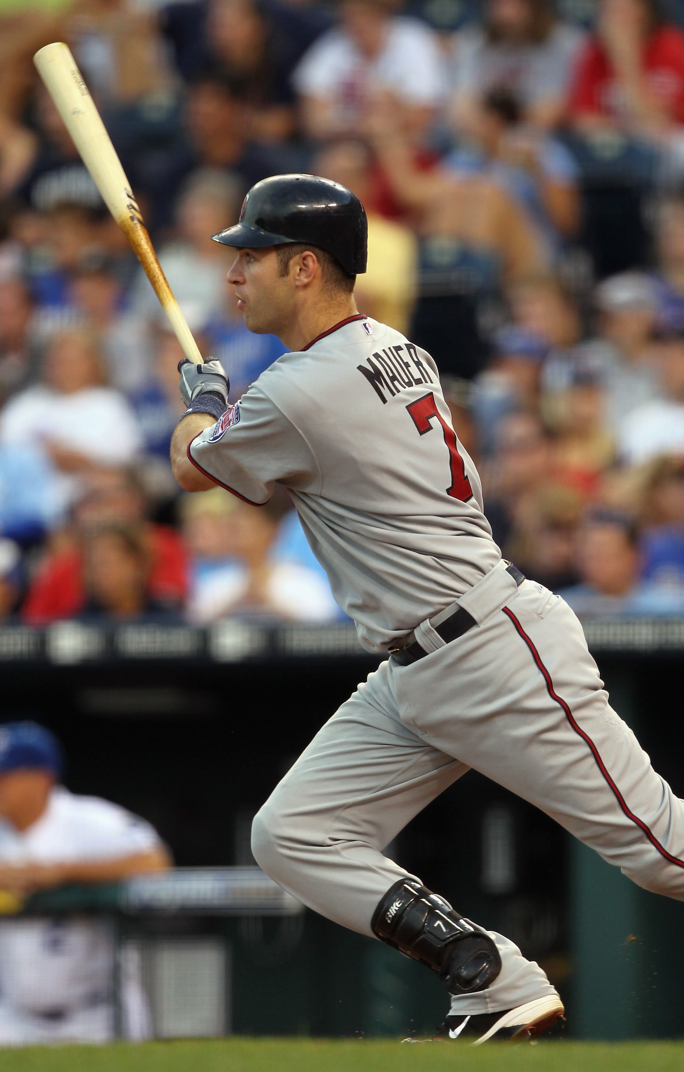 KANSAS CITY, MO - JULY 26:  Catcher Joe Mauer #7 of the Minnesota Twins bats during the game against the Kansas City Royals on July 26, 2010 at Kauffman Stadium in Kansas City, Missouri.  (Photo by Jamie Squire/Getty Images)
