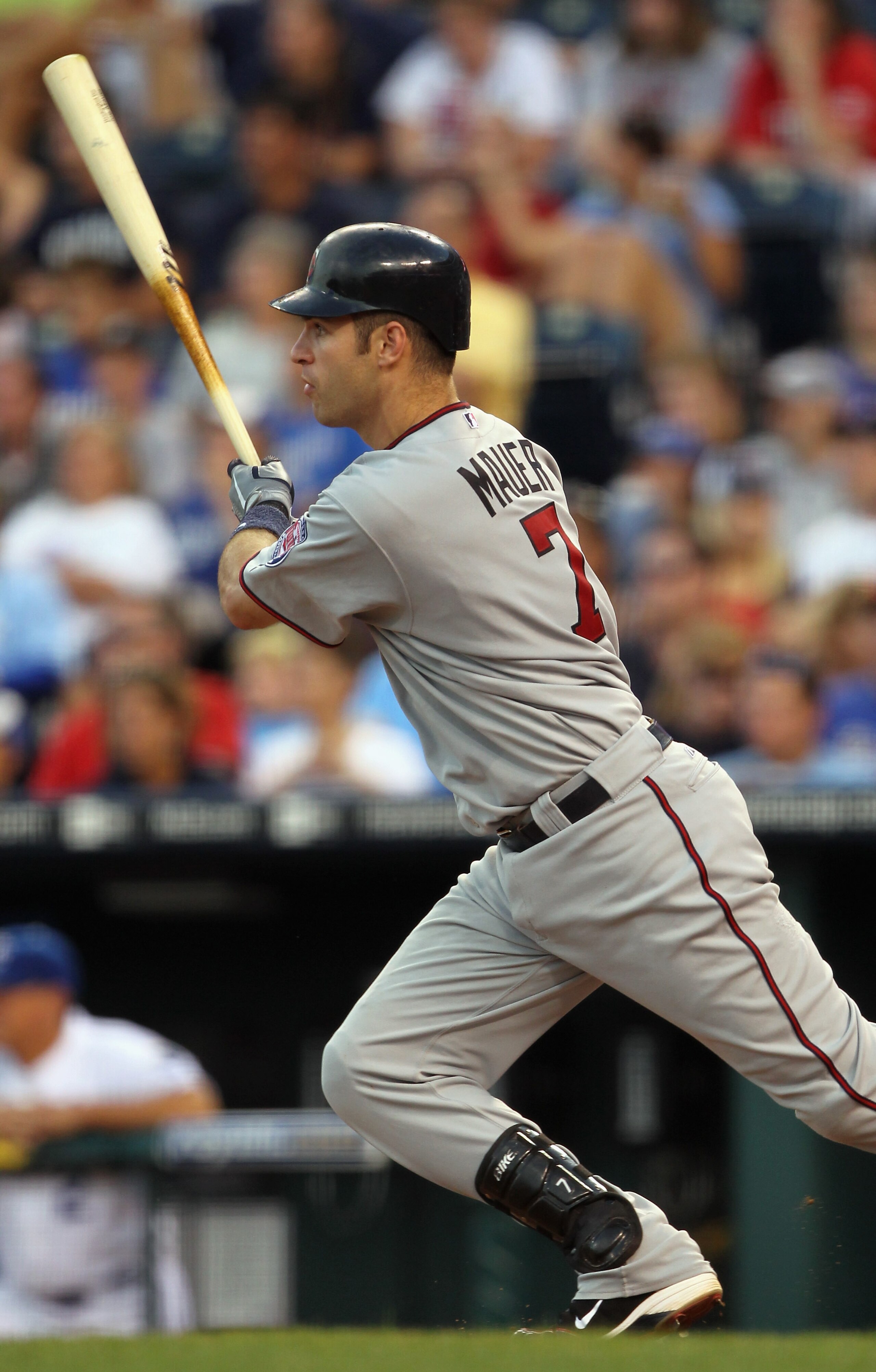 KANSAS CITY, MO - JULY 26:  Catcher Joe Mauer #7 of the Minnesota Twins bats during the game against the Kansas City Royals on July 26, 2010 at Kauffman Stadium in Kansas City, Missouri.  (Photo by Jamie Squire/Getty Images)