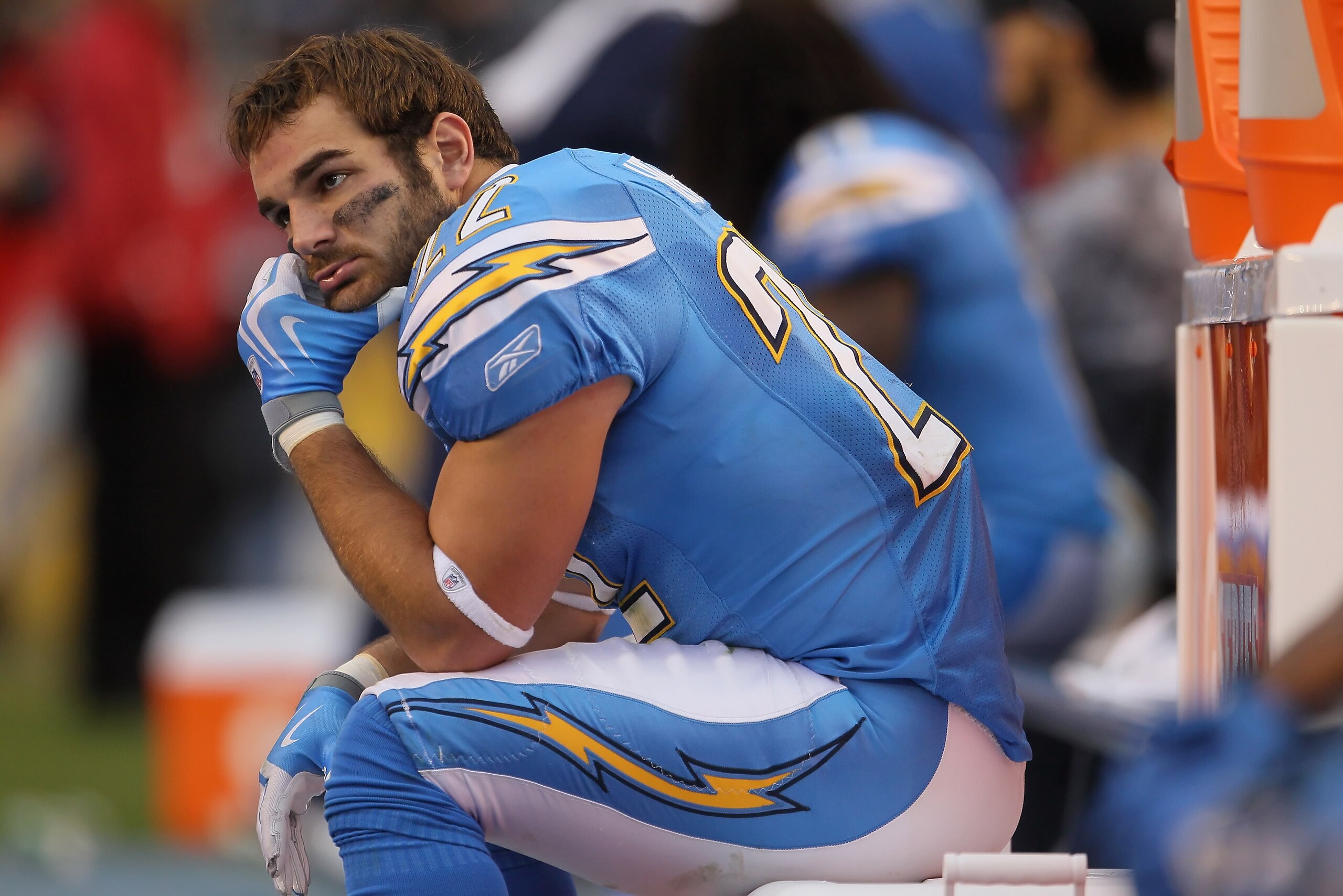 SAN DIEGO - DECEMBER 05:  Jacob Hester #22 of the San Diego Chargers is seen dejected on the bench in the closing minutes of the fourth quarter against the Oakland Raiders at Qualcomm Stadium on December 5, 2010 in San Diego, California. The Raiders defea