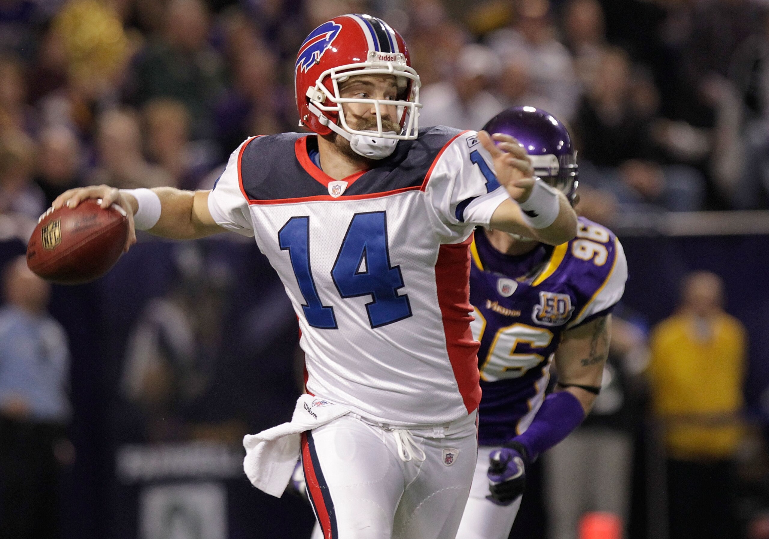 MINNEAPOLIS, MN - DECEMBER 05: Ryan Fitzpatrick #14 of the Buffalo Bills rolls out against the Minnesota Vikings at the Mall of America Field at the Hubert H. Humphrey Metrodome on December 5, 2010 in Minneapolis, Minnesota. (Photo by Nick Laham/Getty I MINNEAPOLIS, MN - DECEMBER 05: Ryan Fitzpatrick #14 of the Buffalo Bills rolls out against the Minnesota Vikings at the Mall of America Field at the Hubert H. Humphrey Metrodome on December 5, 2010 in Minneapolis, Minnesota. (Photo by Nick Laham/Getty I