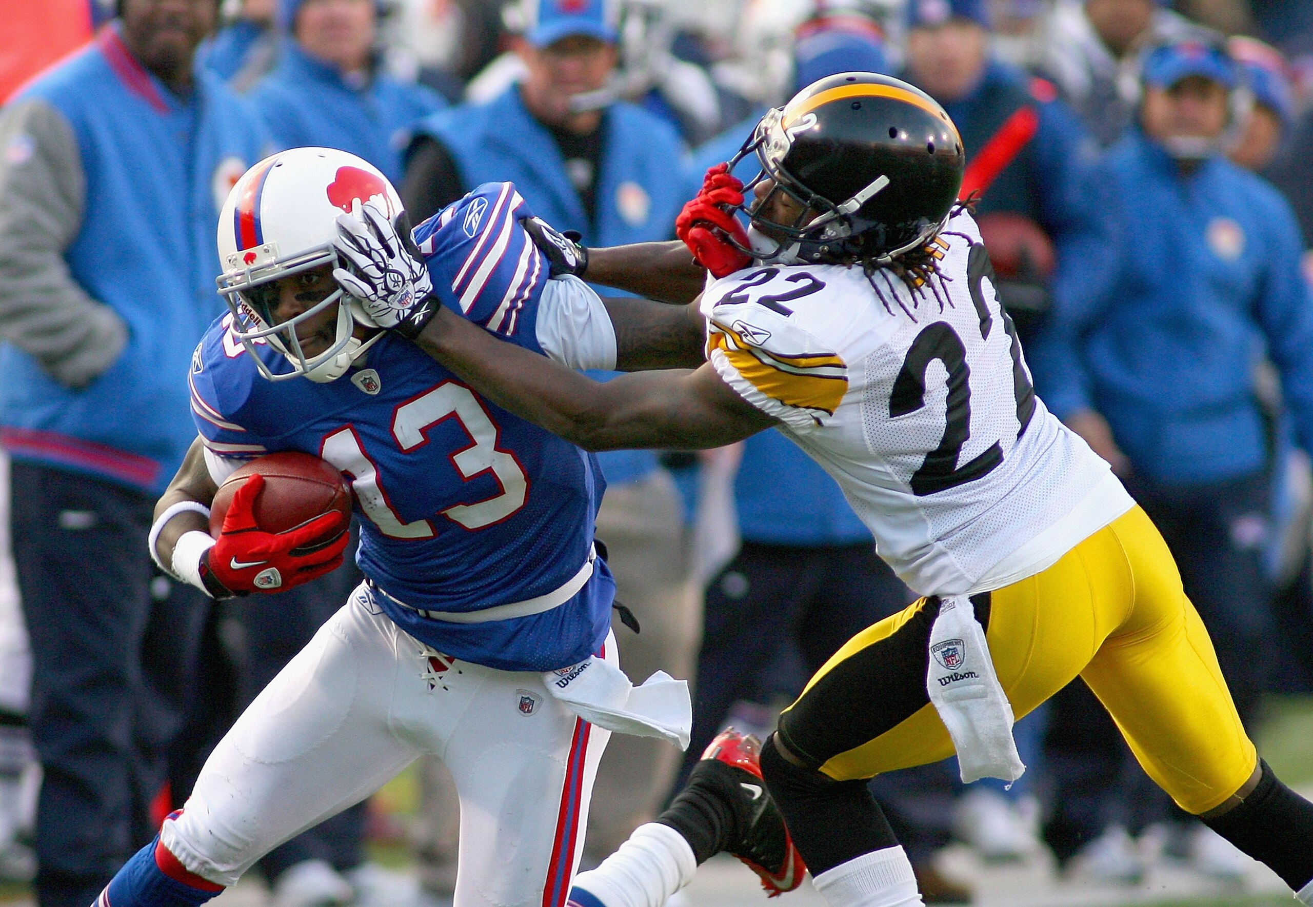 ORCHARD PARK, NY - NOVEMBER 28: Steve Johnson #13 of the Buffalo Bills is pushed out of bounds by William Gay #22 of the Pittsburgh Steelers at Ralph Wilson Stadium at Ralph Wilson Stadium on November 28, 2010 in Orchard Park, New York.  (Photo by Rick St