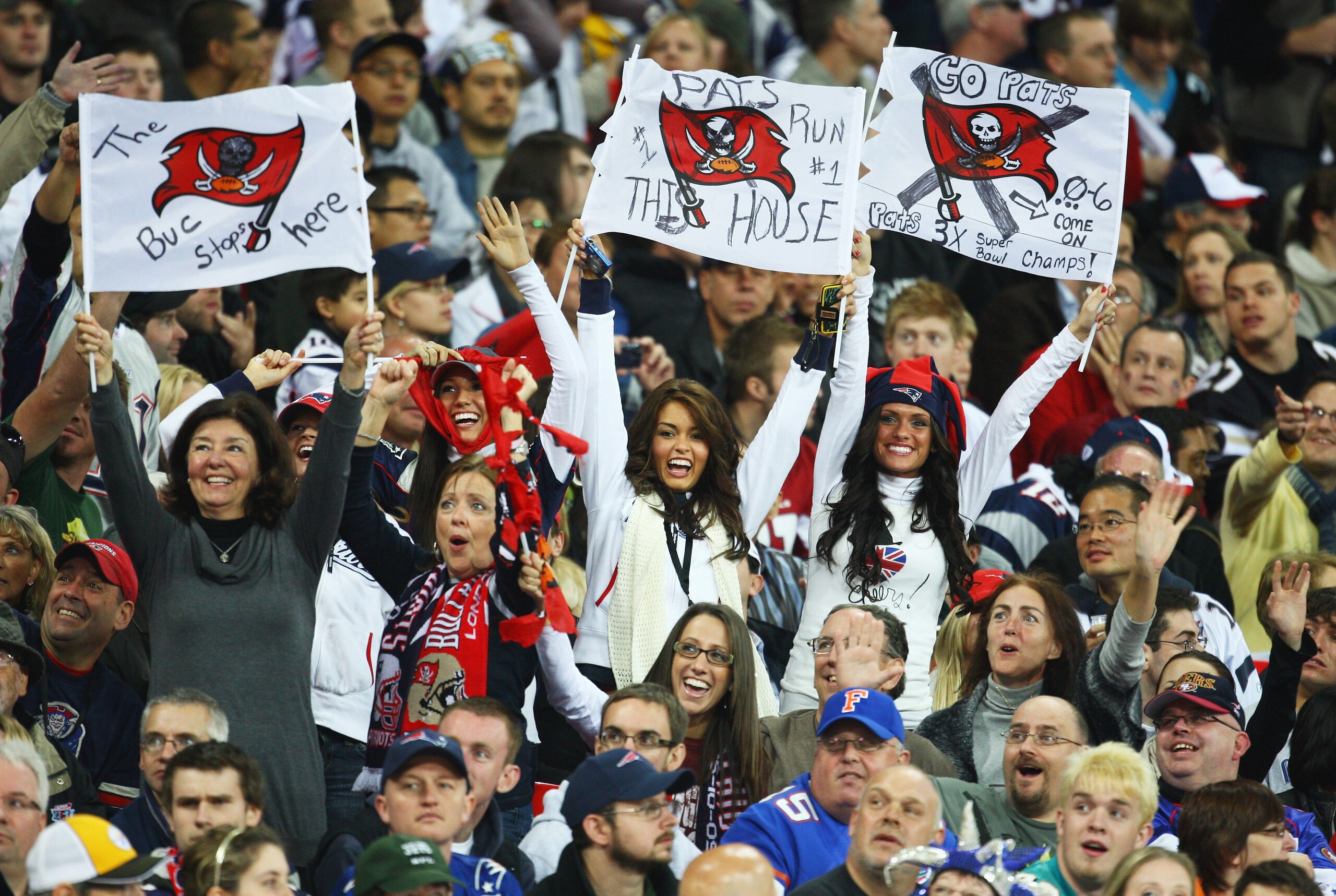 LONDON, ENGLAND - OCTOBER 25: Tampa Bay Buccaneer fans during the NFL International Series match between New England Patriots and Tampa Bay Buccaneers at Wembley Stadium on October 25, 2009 in London, England. This is the third occasion where a regular se
