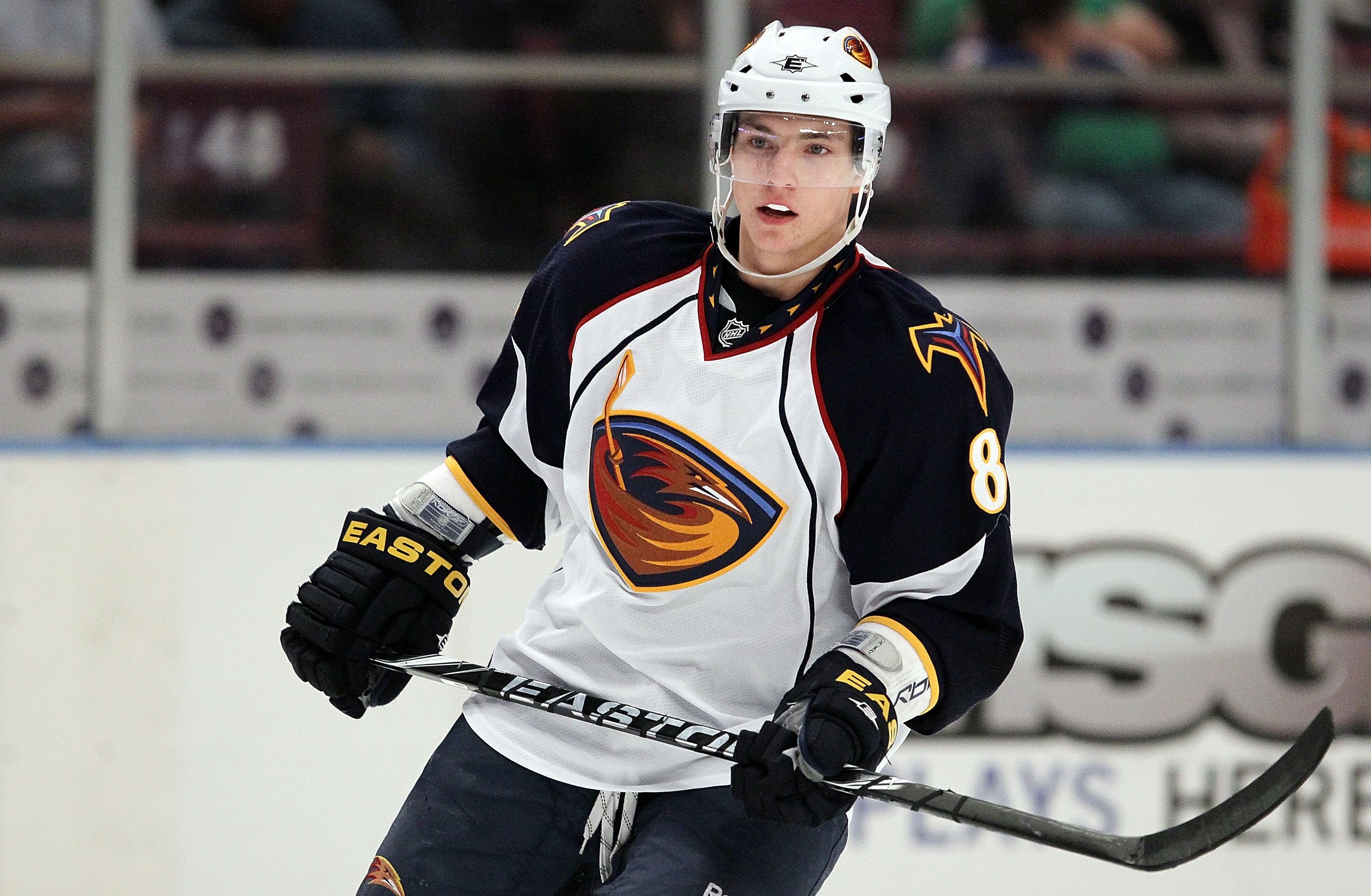 NEW YORK - OCTOBER 27:  Alexander Burmistrov #8 of the Atlanta Thrashers skates against the New York Rangers on October 27, 2010 at Madison Square Garden in New York City. Atlanta defeated the Rangers 6-4.  (Photo by Jim McIsaac/Getty Images)