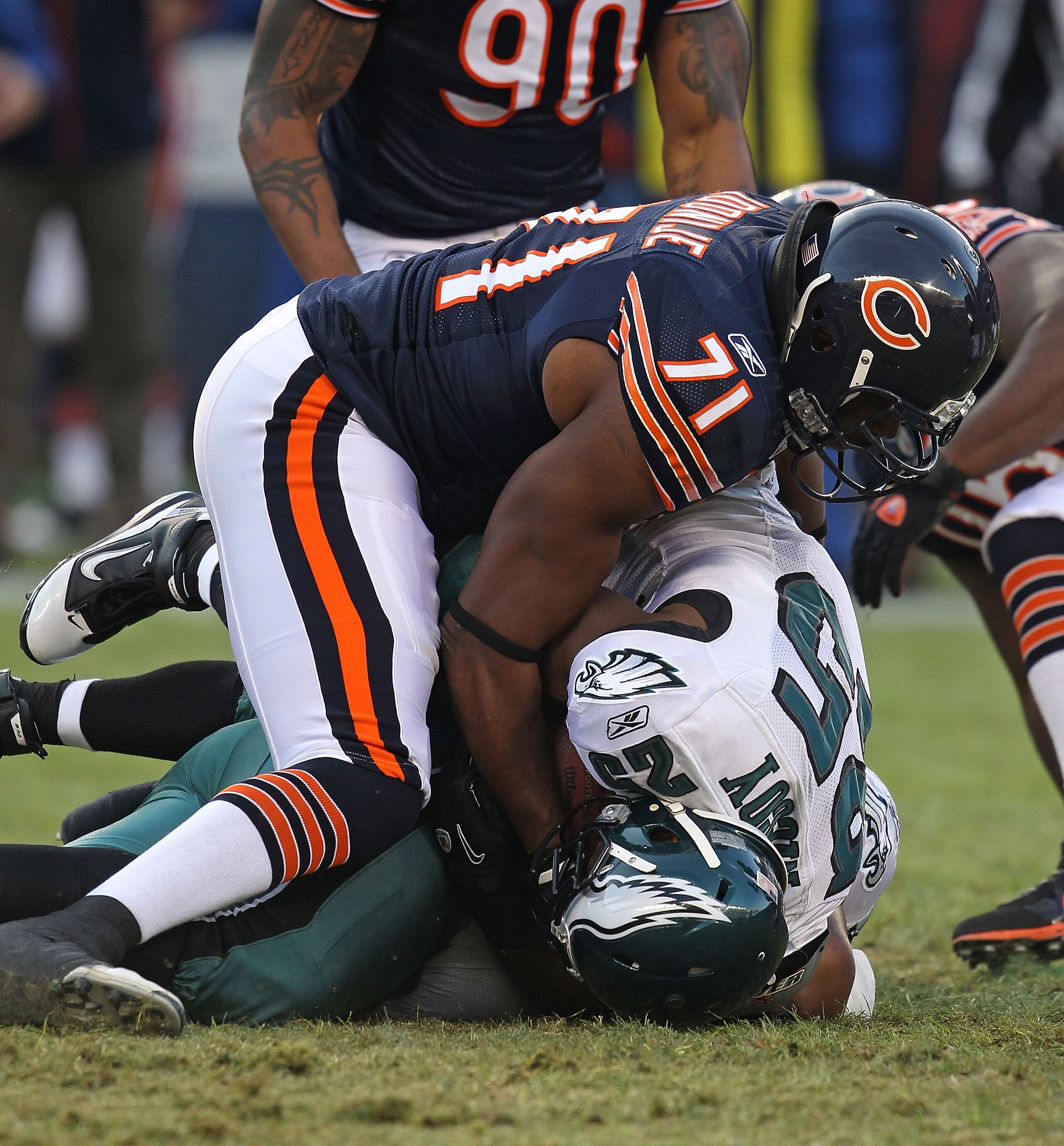 CHICAGO - NOVEMBER 28: Israel Indonije #71 of the Chicago Bears tackles LeSean McCoy #25 of the Philadelphia Eagles at Soldier Field on November 28, 2010 in Chicago, Illinois. The Bears defeated the Eagles 31-26. (Photo by Jonathan Daniel/Getty Images) CHICAGO - NOVEMBER 28: Israel Indonije #71 of the Chicago Bears tackles LeSean McCoy #25 of the Philadelphia Eagles at Soldier Field on November 28, 2010 in Chicago, Illinois. The Bears defeated the Eagles 31-26. (Photo by Jonathan Daniel/Getty Images)