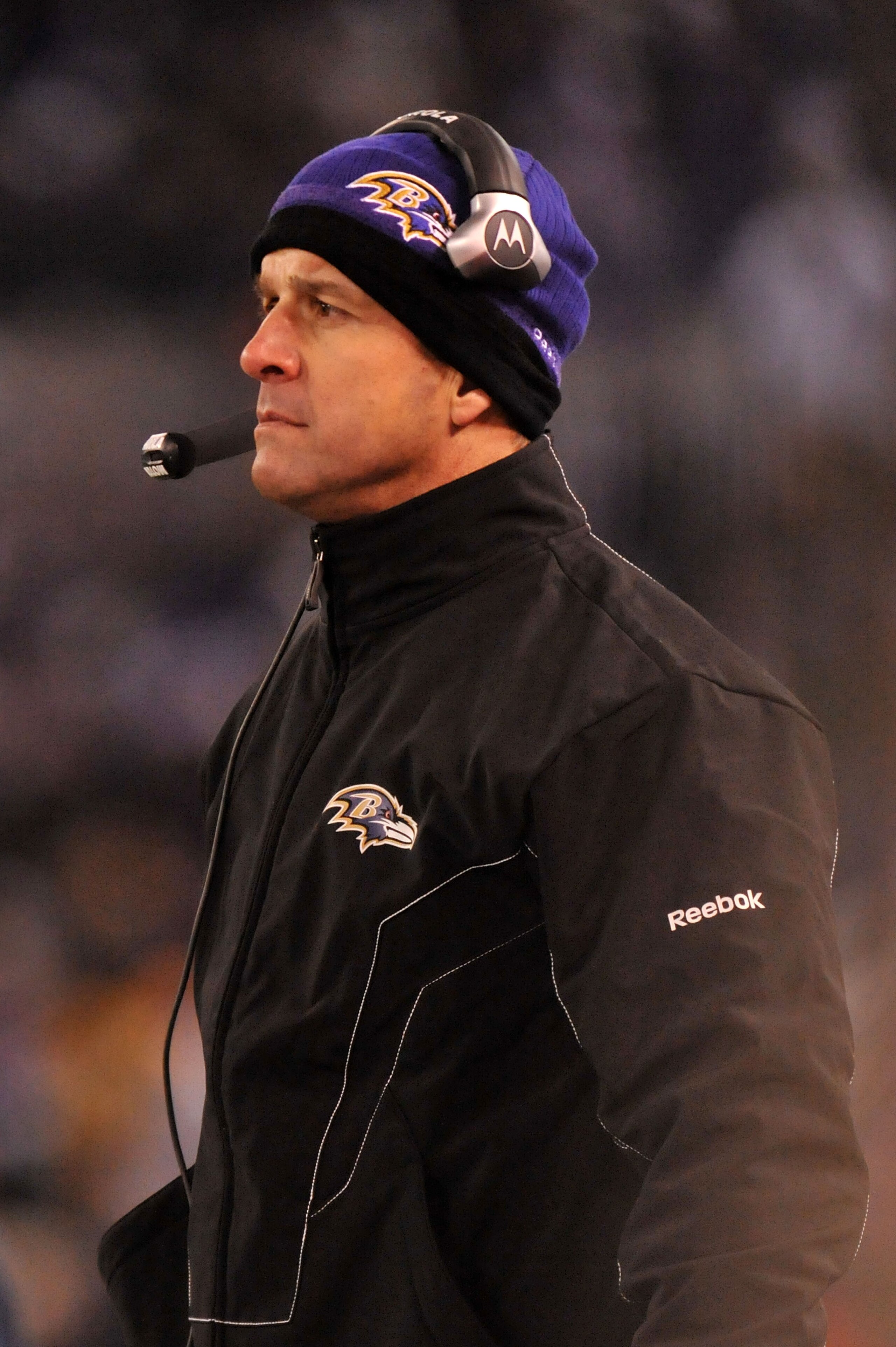 BALTIMORE, MD - DECEMBER 05: John Harbaugh head coach of the Baltimore Ravens looks on while playing against the Pittsburgh Steelers during the second quarter of the game at M&T Bank Stadium on December 5, 2010 in Baltimore, Maryland. (Photo by Larry Fr BALTIMORE, MD - DECEMBER 05: John Harbaugh head coach of the Baltimore Ravens looks on while playing against the Pittsburgh Steelers during the second quarter of the game at M&T Bank Stadium on December 5, 2010 in Baltimore, Maryland. (Photo by Larry Fr