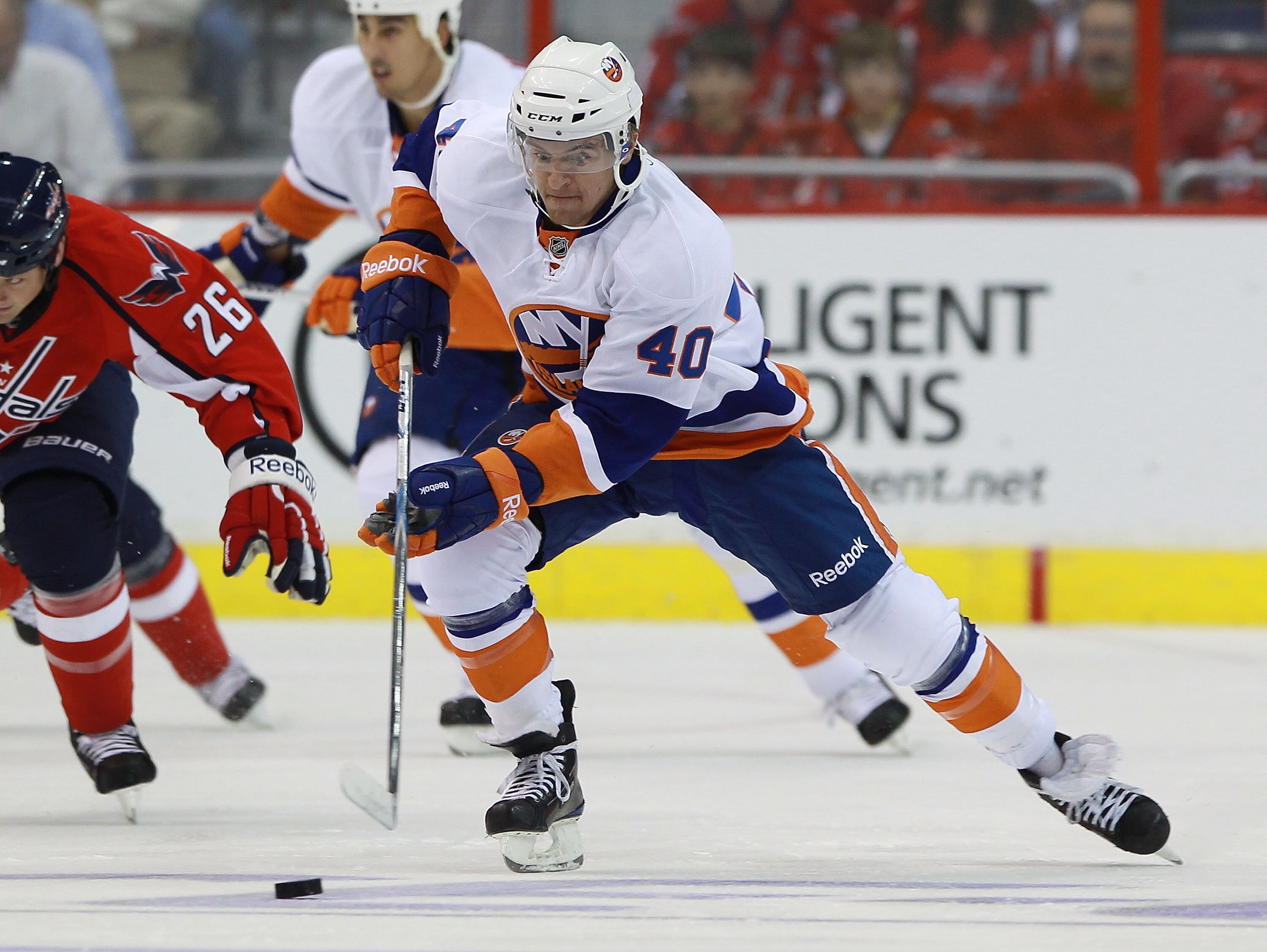 WASHINGTON - OCTOBER 13:  Michael Grabner #40 of the New York Islanders skates against the Washington Capitals at the Verizon Center on October 13, 2010 in Washington, DC.  (Photo by Bruce Bennett/Getty Images)