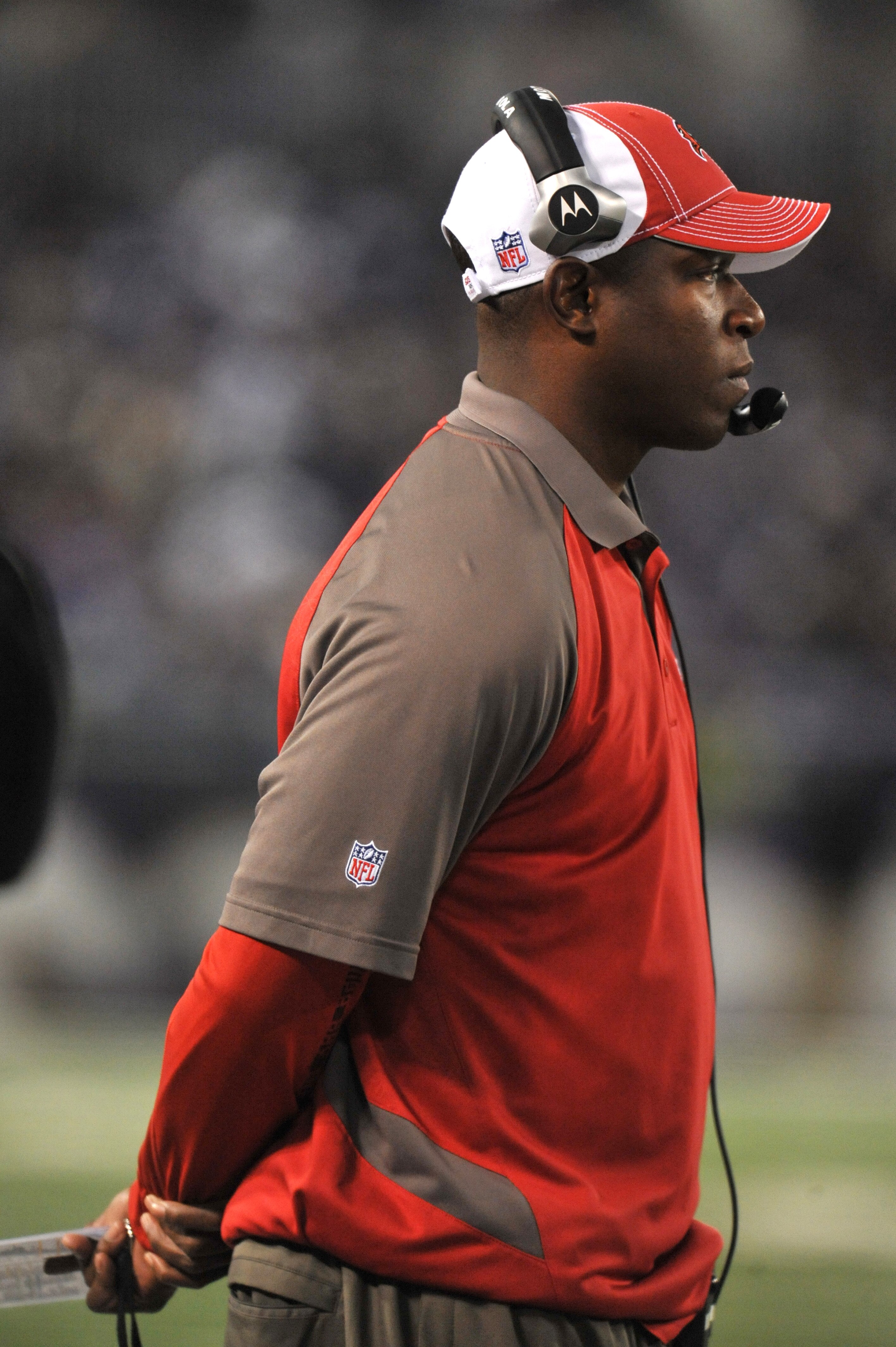 BALTIMORE, MD - NOVEMBER 28:  Head coach Raheem Morris of the Tampa Bay Buccaneers watches the game against the Baltimore Ravens at M&T Bank Stadium on November 28, 2010 in Baltimore, Maryland. The Ravens defeated the Buccaneers 17-10. (Photo by Larry Fre