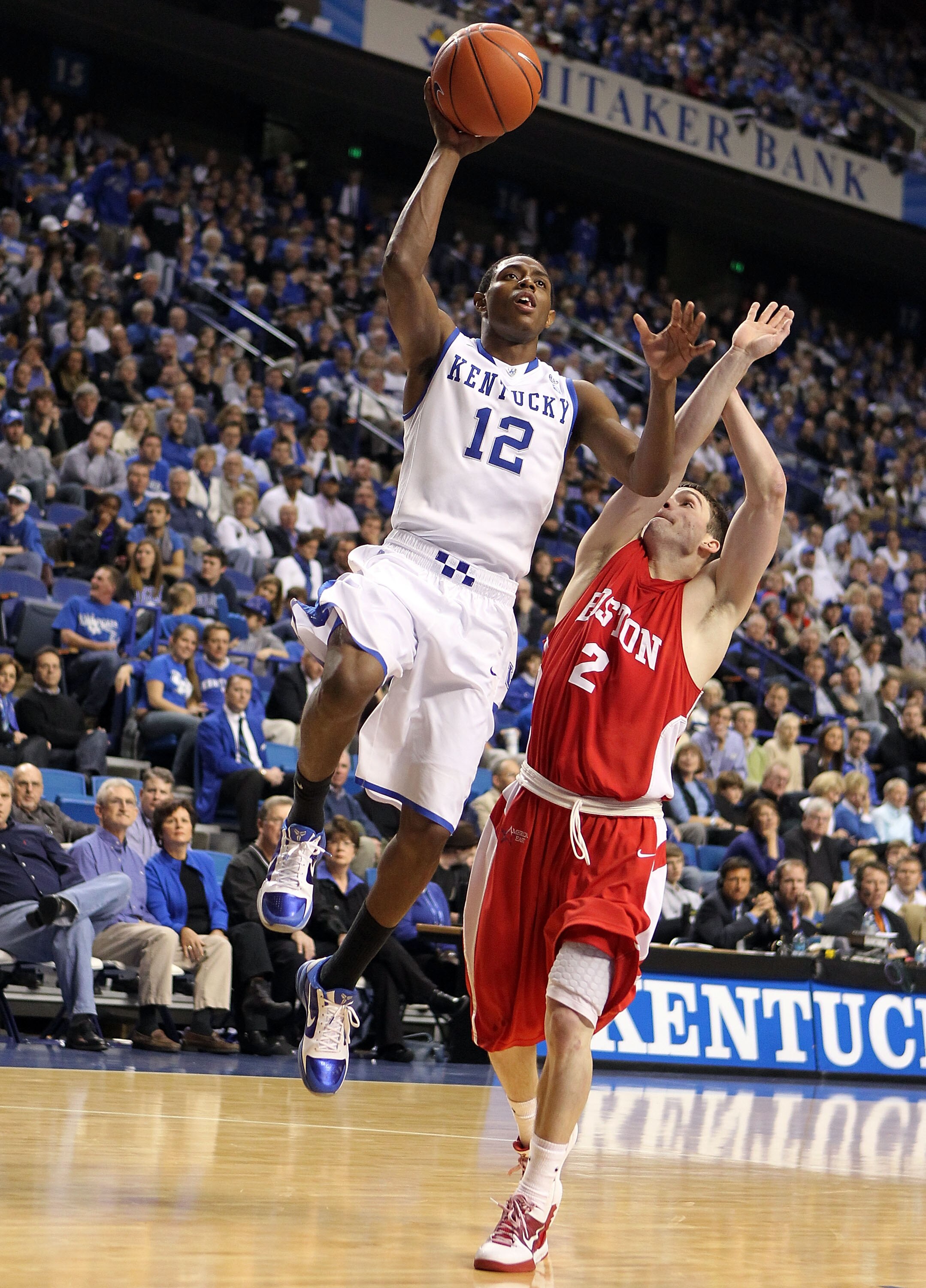 LEXINGTON, KY - NOVEMBER 30:  Brandon Knight #12 of the Kentucky Wildcats shoots the ball while defended by Matt Griffin #2 of the Boston University Terriers during the game on November 30, 2010 in Lexington, Kentucky.  (Photo by Andy Lyons/Getty Images)