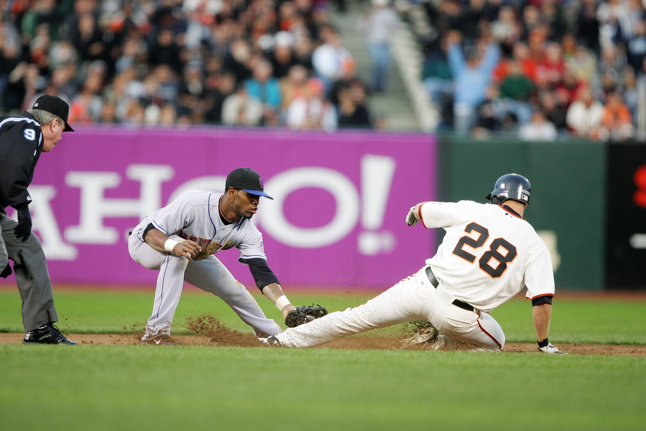 SAN FRANCISCO- APRIL 25:  Jose Reyes #7 of the New York Mets forces out Lance Niekro #28 of the San Francisco Giants at AT&T Park on April 25, 2006 in San Francisco, California. The Mets defeated the Giants 4-1.  (Photo by Jed Jacobsohn/Getty Images)