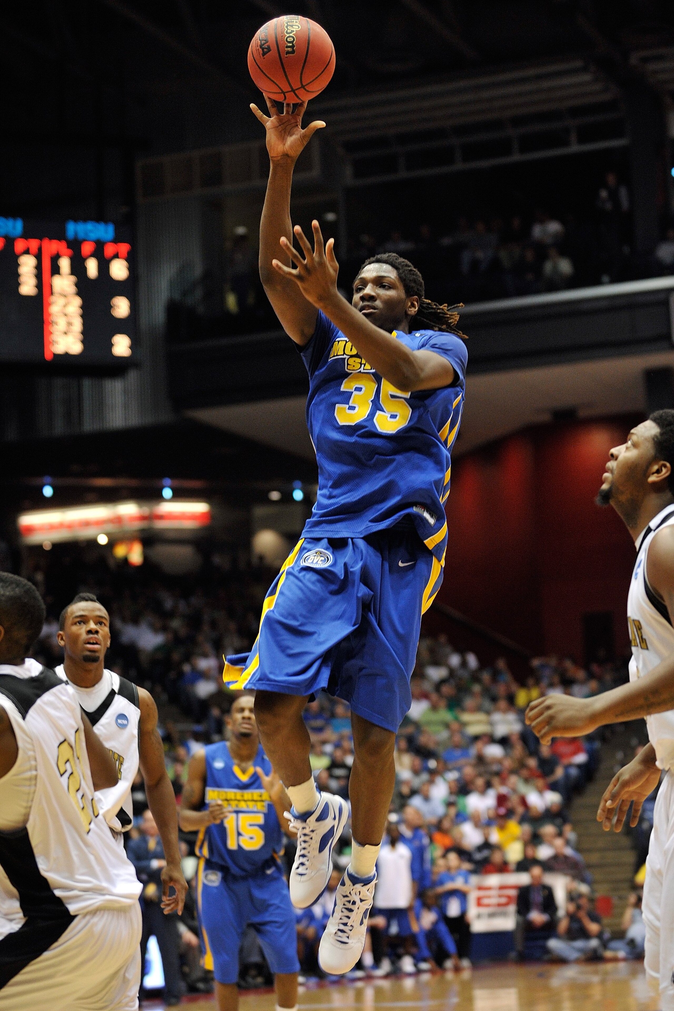 DAYTON, OH - MARCH 17: Kenneth Faried #35 of the Morehead State Eagles takes a shot against the Alabama State Hornets during the opening round of the Men's NCAA Tournament on March 17, 2009 at the University of Dayton Arena in Dayton, Ohio.  (Photo by Jam