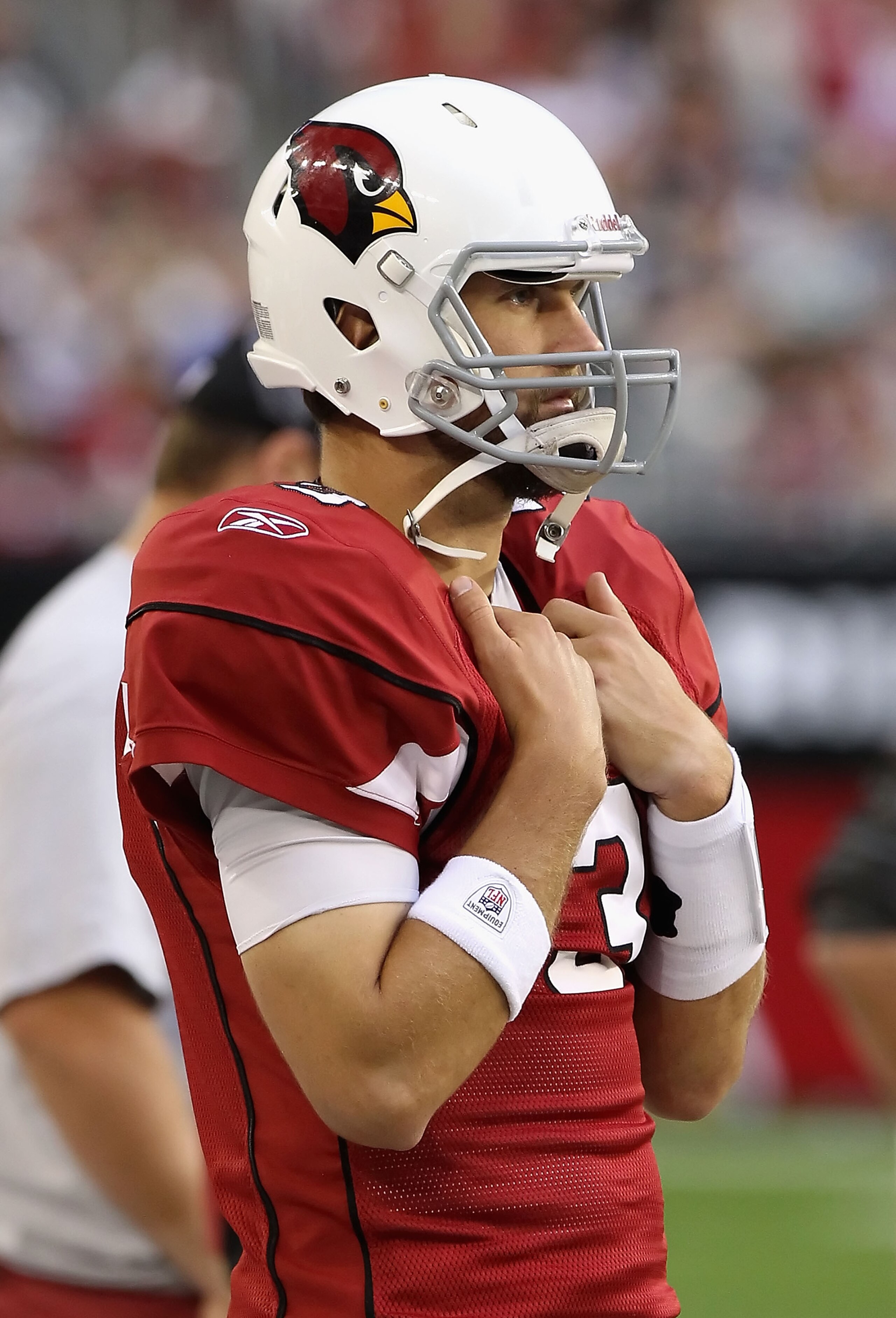 GLENDALE, AZ - DECEMBER 05:  Quarterback Derek Anderson #3 of the Arizona Cardinals watches from the sidelines during the NFL game against the St. Louis Rams at the University of Phoenix Stadium on December 5, 2010 in Glendale, Arizona.  The Rams defeated