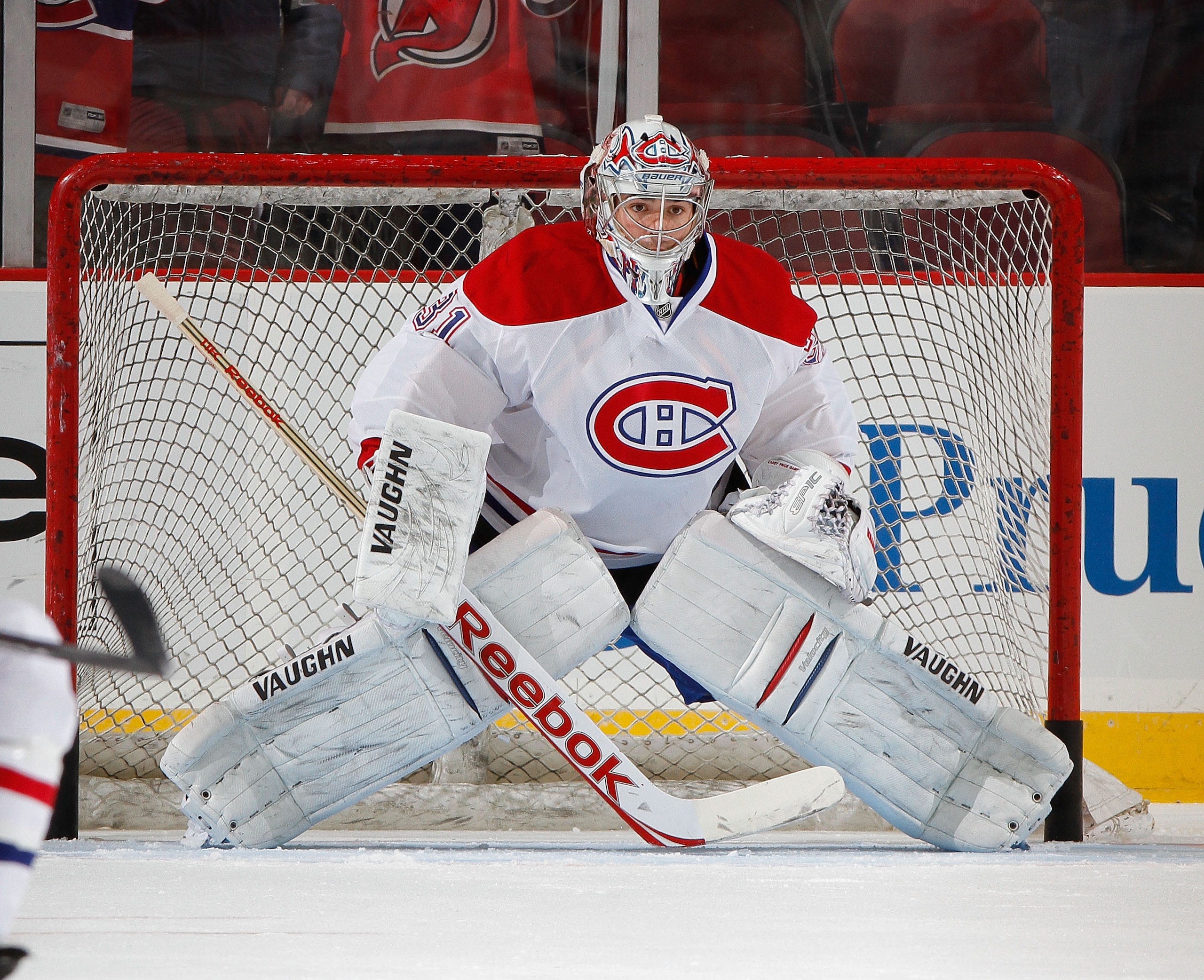 NEWARK, NJ - DECEMBER 02: Goalie Carey Price #31 of the Montreal Canadiens wears Vaughn hockey pads as he plays against the New Jersey Devils in a hockey game at the Prudential Center on December 2, 2010 in Newark, New Jersey. The Canadiens won 5-1. (Pho NEWARK, NJ - DECEMBER 02: Goalie Carey Price #31 of the Montreal Canadiens wears Vaughn hockey pads as he plays against the New Jersey Devils in a hockey game at the Prudential Center on December 2, 2010 in Newark, New Jersey. The Canadiens won 5-1. (Pho