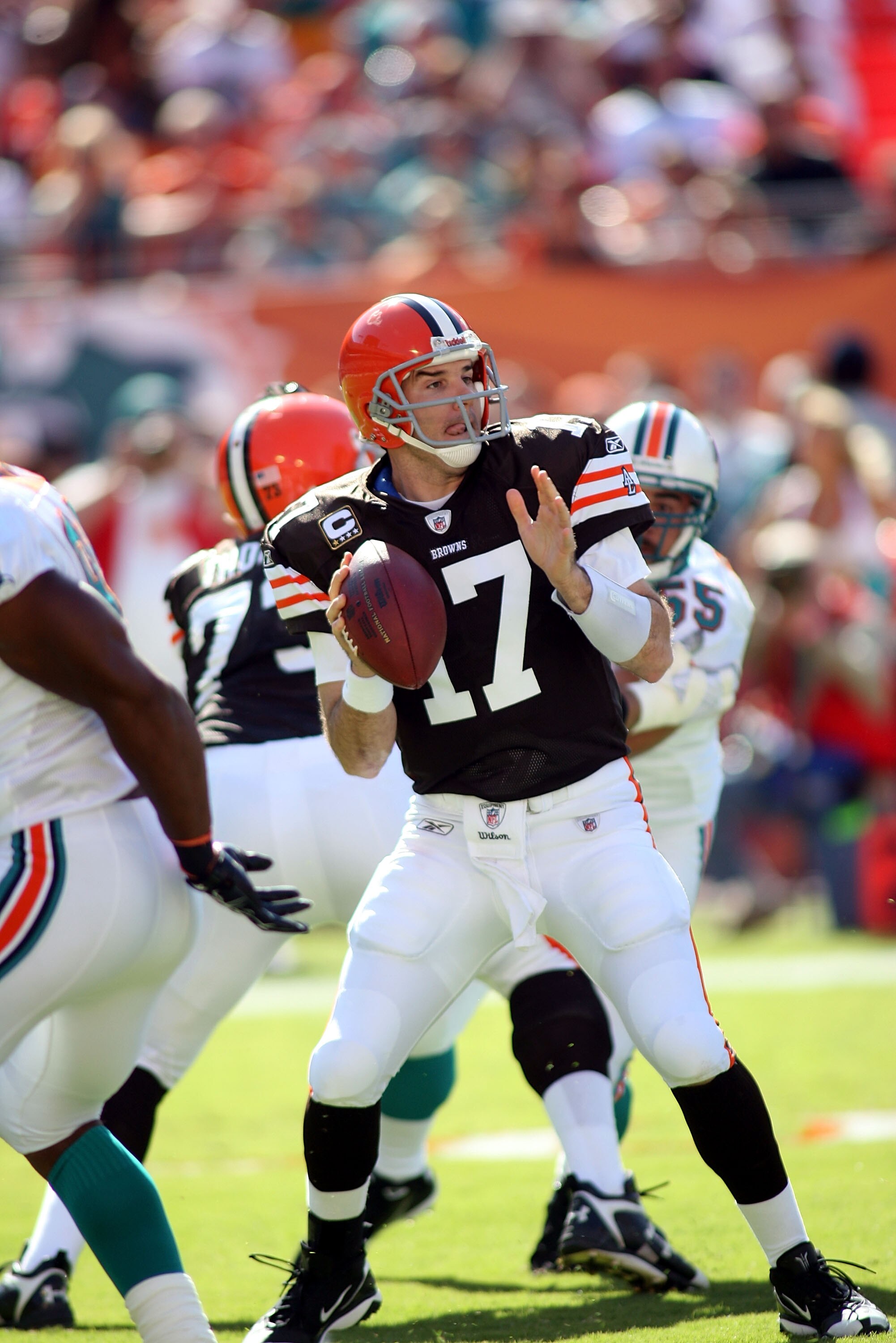 MIAMI, FL - DECEMBER 05:  Quarterback Jake Delhomme #17 of the Cleveland Browns passes against the Miami Dolphins at Sun Life Stadium on December 5, 2010 in Miami, Florida.  Cleveland defeated Miami 13-10.  (Photo by Marc Serota/Getty Images)