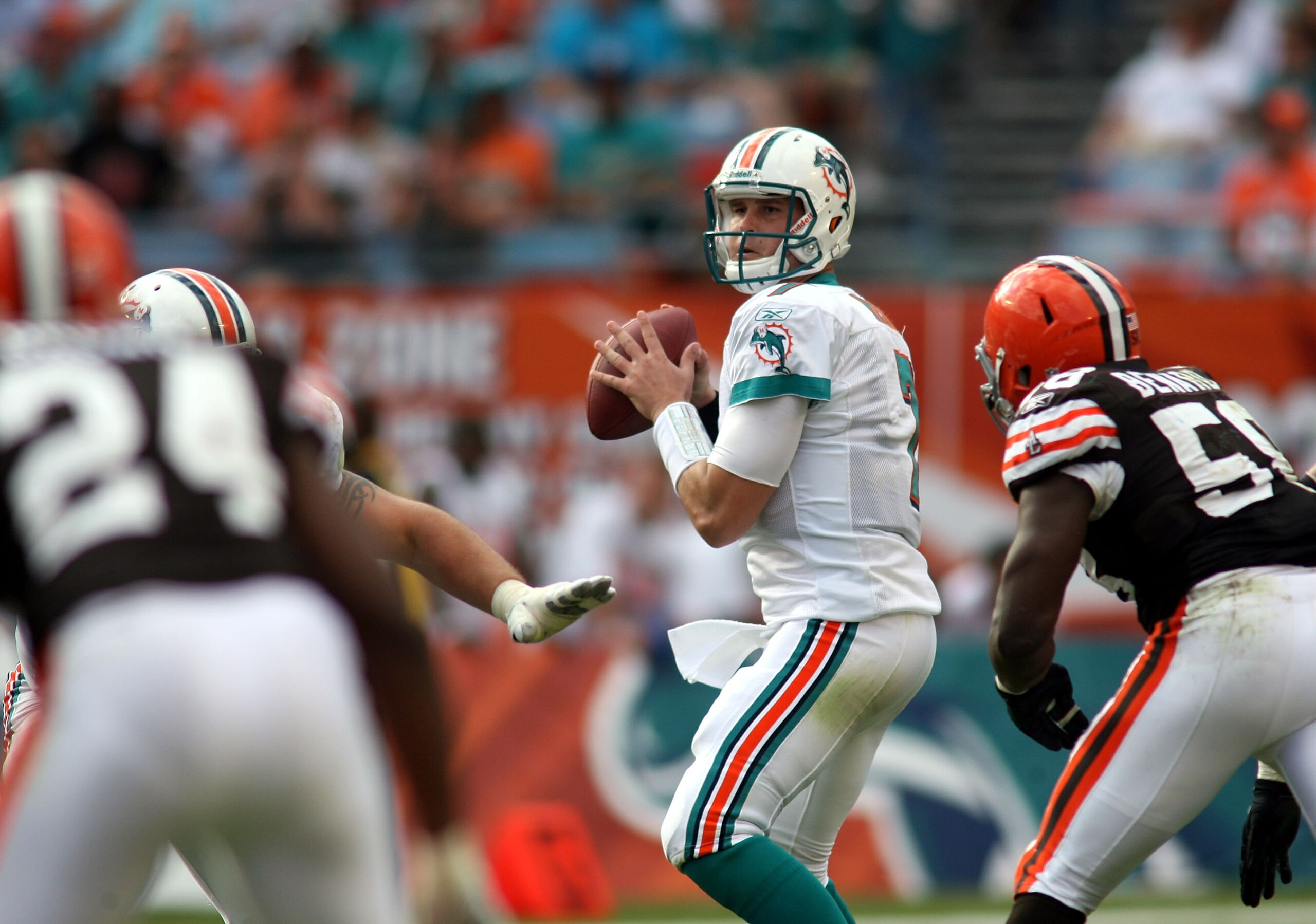 MIAMI, FL - DECEMBER 05:  Quarterback Chad henne #7 of the Miami Dolphins scrambles against the Cleveland Browns while sliding at Sun Life Stadium on December 5, 2010 in Miami, Florida. Cleveland defeated Miami 13-10.  (Photo by Marc Serota/Getty Images)