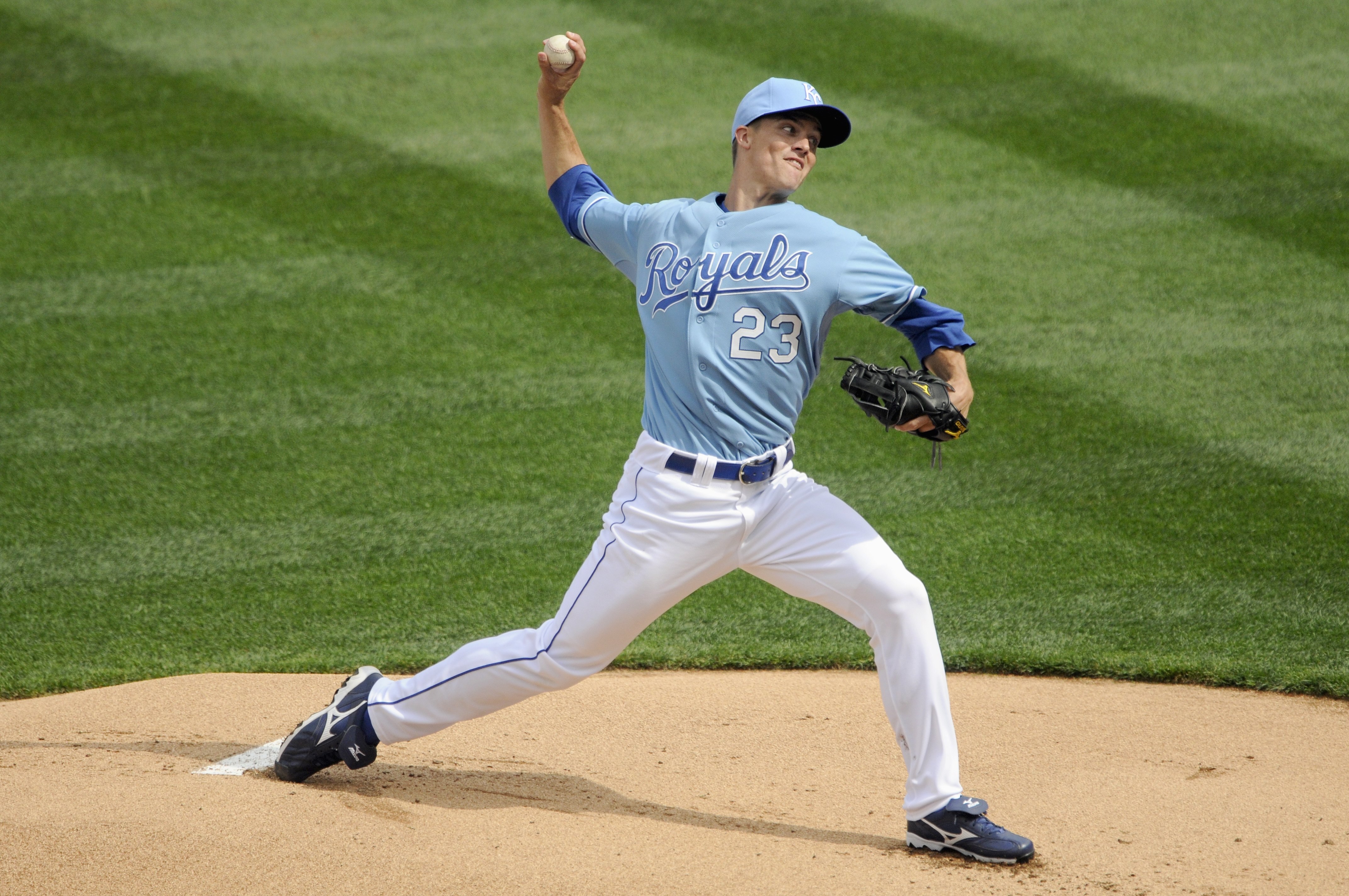 KANSAS CITY, MO - APRIL 05:  Zack Greinke #23 of the Kansas City Royals delivers a pitch during the season opener game against the Detroit Tigers on April 5, 2010 at Kauffman Stadium in Kansas City, Missouri. (Photo by G. Newman Lowrance/Getty Images)
