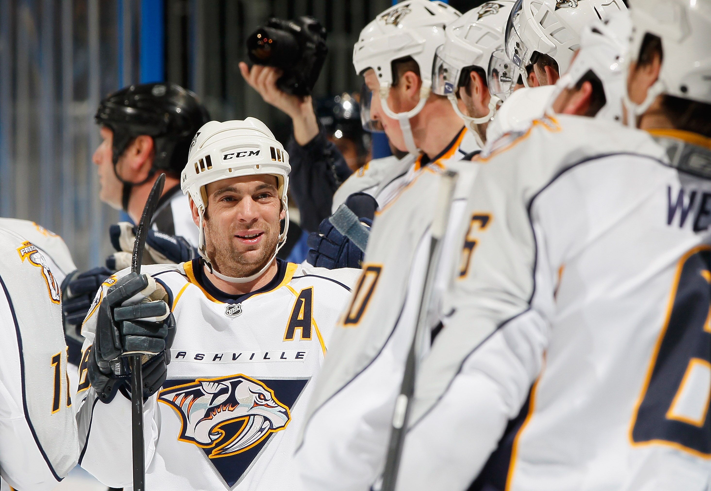 ATLANTA, GA - DECEMBER 06:  Steve Sullivan #26 of the Nashville Predators celebrates with the bench after scoring a goal against the Atlanta Thrashers at Philips Arena on December 6, 2010 in Atlanta, Georgia.  (Photo by Kevin C. Cox/Getty Images)