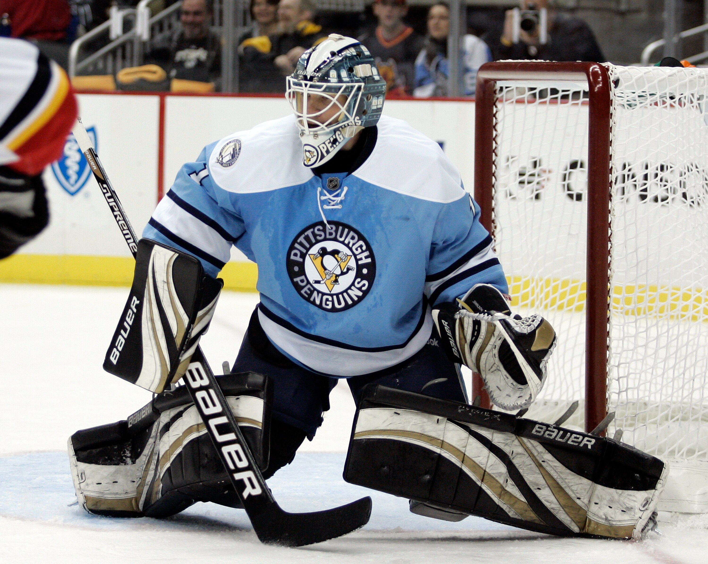 PITTSBURGH, PA - NOVEMBER 27:  Brent Johnson #1 of the Pittsburgh Penguins makes a save against the Calgary Flames at the Consol Energy Center on November 27, 2010 in Pittsburgh, Pennsylvania.  The Penguins defeated the Flames 4-1.  (Photo by Justin K. Al