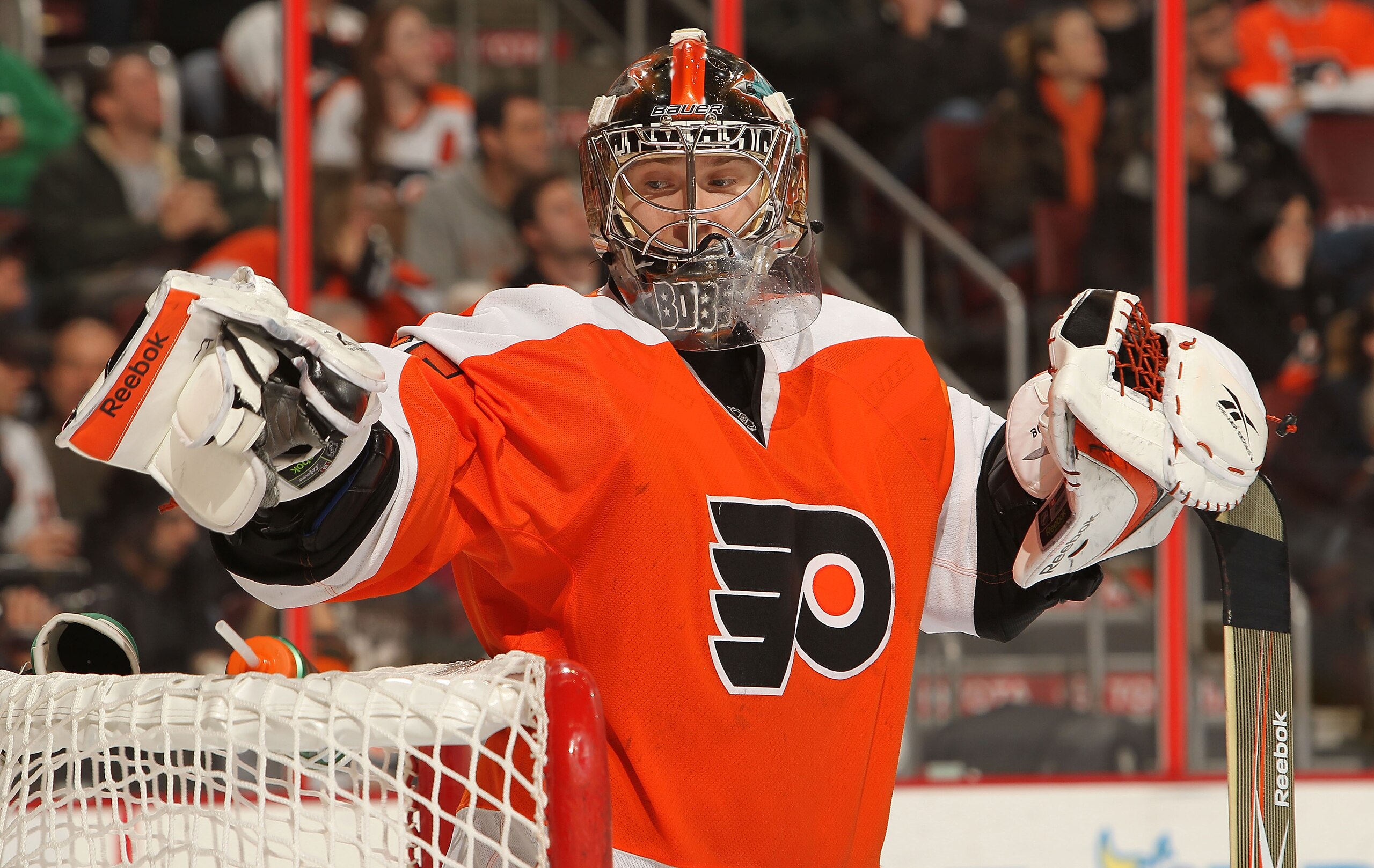PHILADELPHIA, PA - DECEMBER 01: Sergei Bobrovsky #35 of the Philadelphia Flyers looks on against the Boston Bruins at the Wells Fargo Center on December 1, 2010 in Philadelphia, Pennsylvania. (Photo by Nick Laham/Getty Images) PHILADELPHIA, PA - DECEMBER 01: Sergei Bobrovsky #35 of the Philadelphia Flyers looks on against the Boston Bruins at the Wells Fargo Center on December 1, 2010 in Philadelphia, Pennsylvania. (Photo by Nick Laham/Getty Images)
