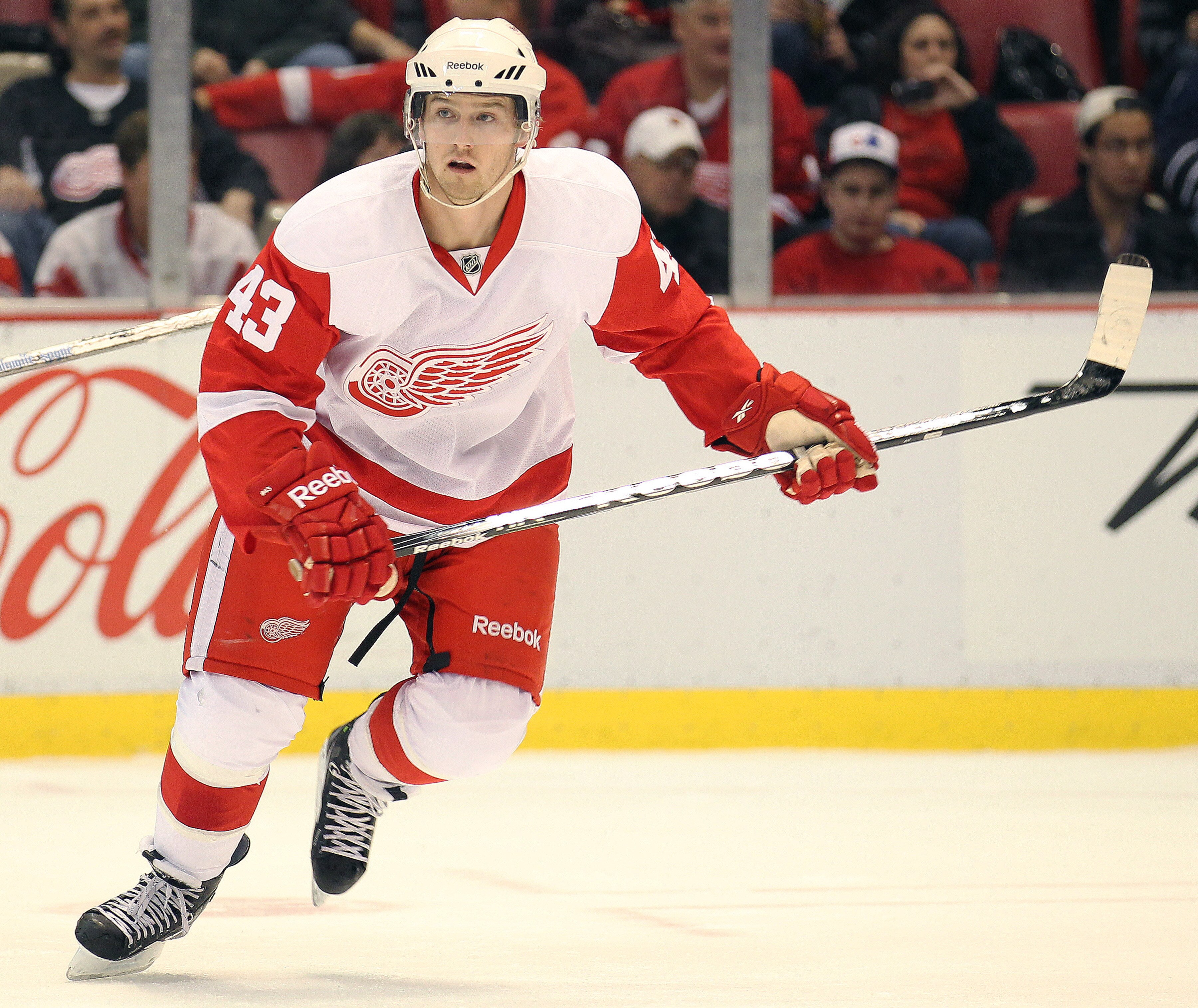 DETROIT,MI - OCTOBER 30:  Darren Helm #43 of the Detroit Red Wings skates in a game against the Nashville Predators on October 30,2010 at the Joe Louis Arena in Detroit , Michigan. The Wings defeated the Predators 5-2. (Photo by Claus Andersen/Getty Image