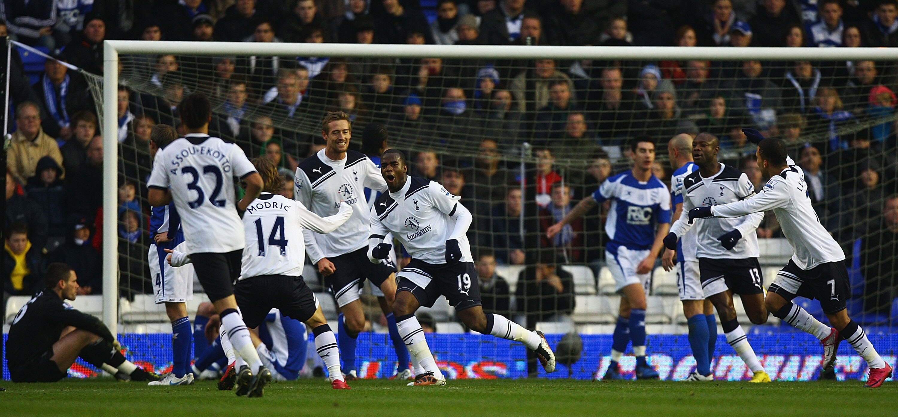 BIRMINGHAM, ENGLAND - DECEMBER 04:  Sebastien Bassong of Tottenham celebrates his goal during the Barclays Premier League match between Birmingham City and Tottenham Hotspur at St Andrews on December 4, 2010 in Birmingham, England.  (Photo by Matthew Lewi