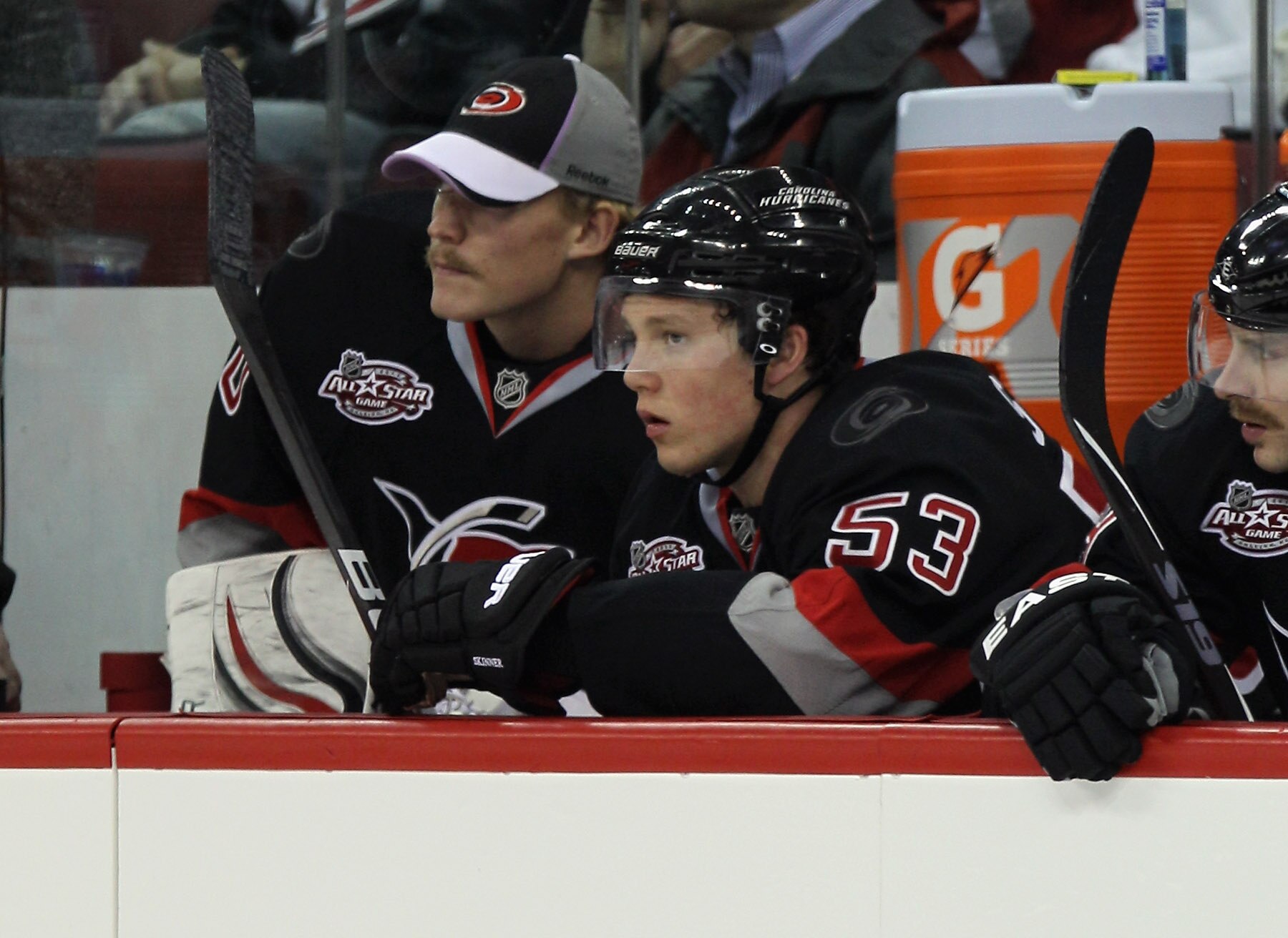 RALEIGH, NC - NOVEMBER 29:  Jeff Skinner #53 of the Carolina Hurricanes watches the action against the Dallas Stars at the RBC Center on November 29, 2010 in Raleigh, North Carolina. The Stars defeated the Hurricanes 4-1.  (Photo by Bruce Bennett/Getty Im