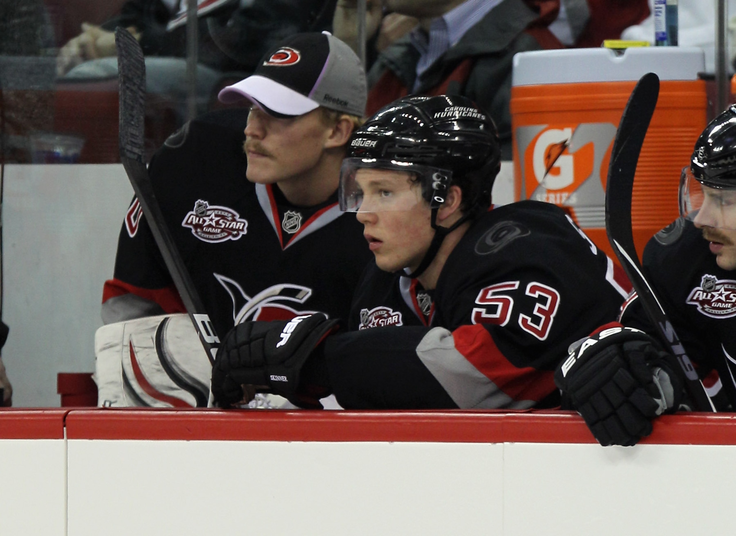 RALEIGH, NC - NOVEMBER 29:  Jeff Skinner #53 of the Carolina Hurricanes watches the action against the Dallas Stars at the RBC Center on November 29, 2010 in Raleigh, North Carolina. The Stars defeated the Hurricanes 4-1.  (Photo by Bruce Bennett/Getty Im