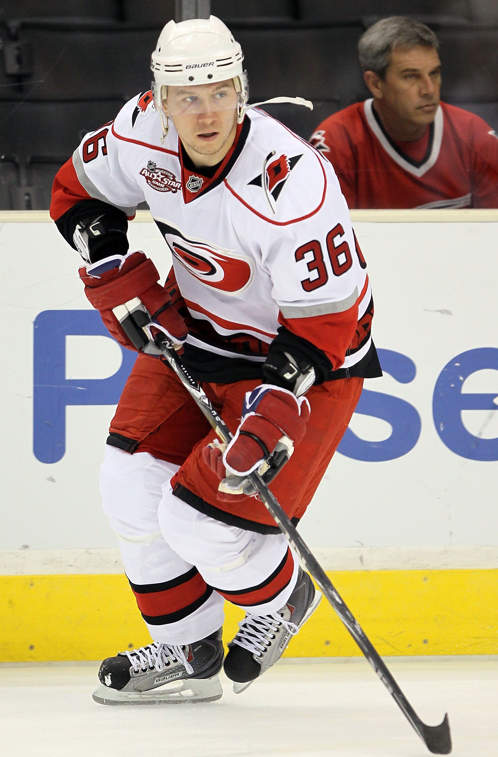 LOS ANGELES, CA - OCTOBER 20:  Jussi Jokinen #36 of the Carolina Hurricanes warms up before the game against the Los Angeles Kings at Staples Center on October 20, 2010 in Los Angeles, California. The Kings defeated the Hurricanes 4-3.  (Photo by Jeff Gro