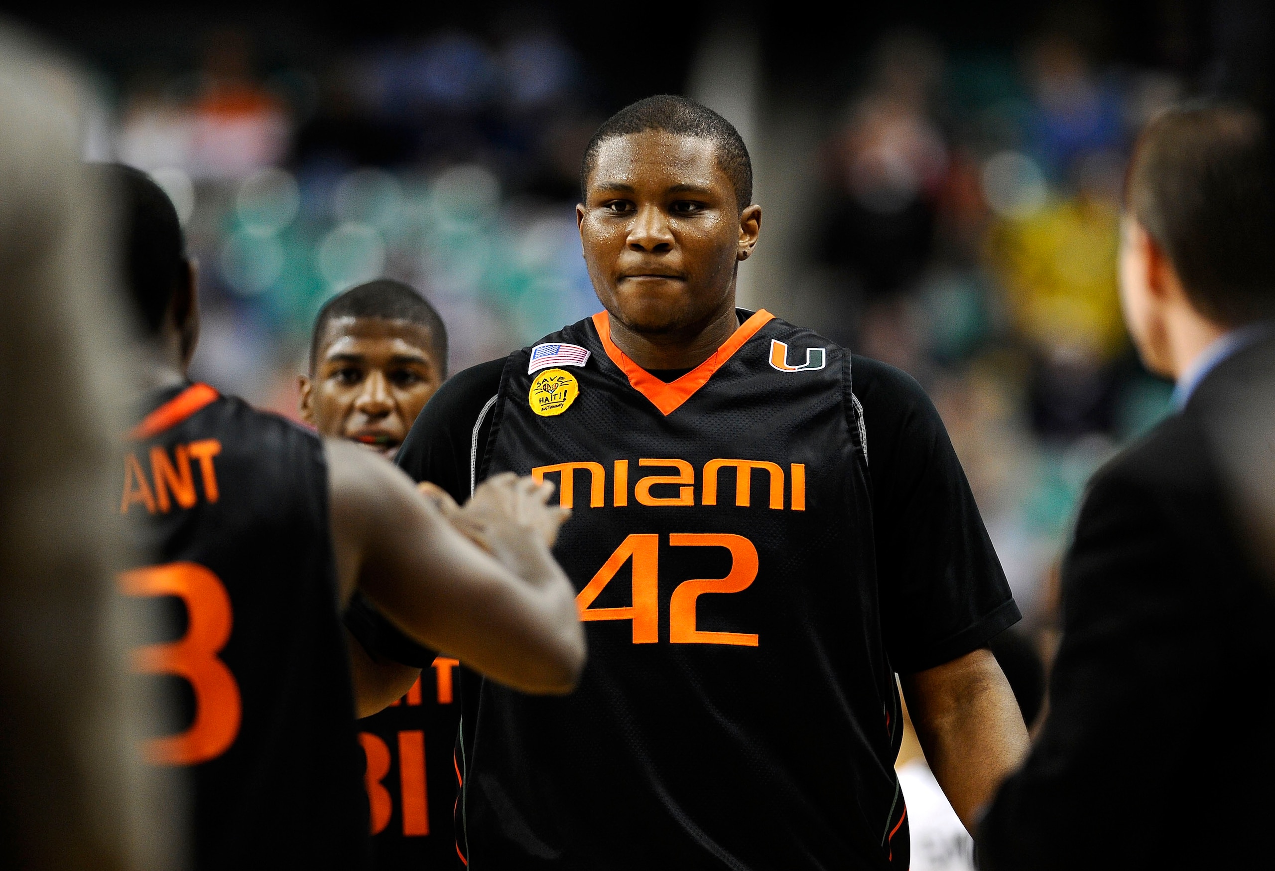 GREENSBORO, NC - MARCH 11:  Reggie Johnson #42 of the University of Miami Hurricanes reacts against the Wake Forest Demon Deacons in their first round game in the 2010 ACC Men's Basketball Tournament at the Greensboro Coliseum on March 11, 2010 in Greensb