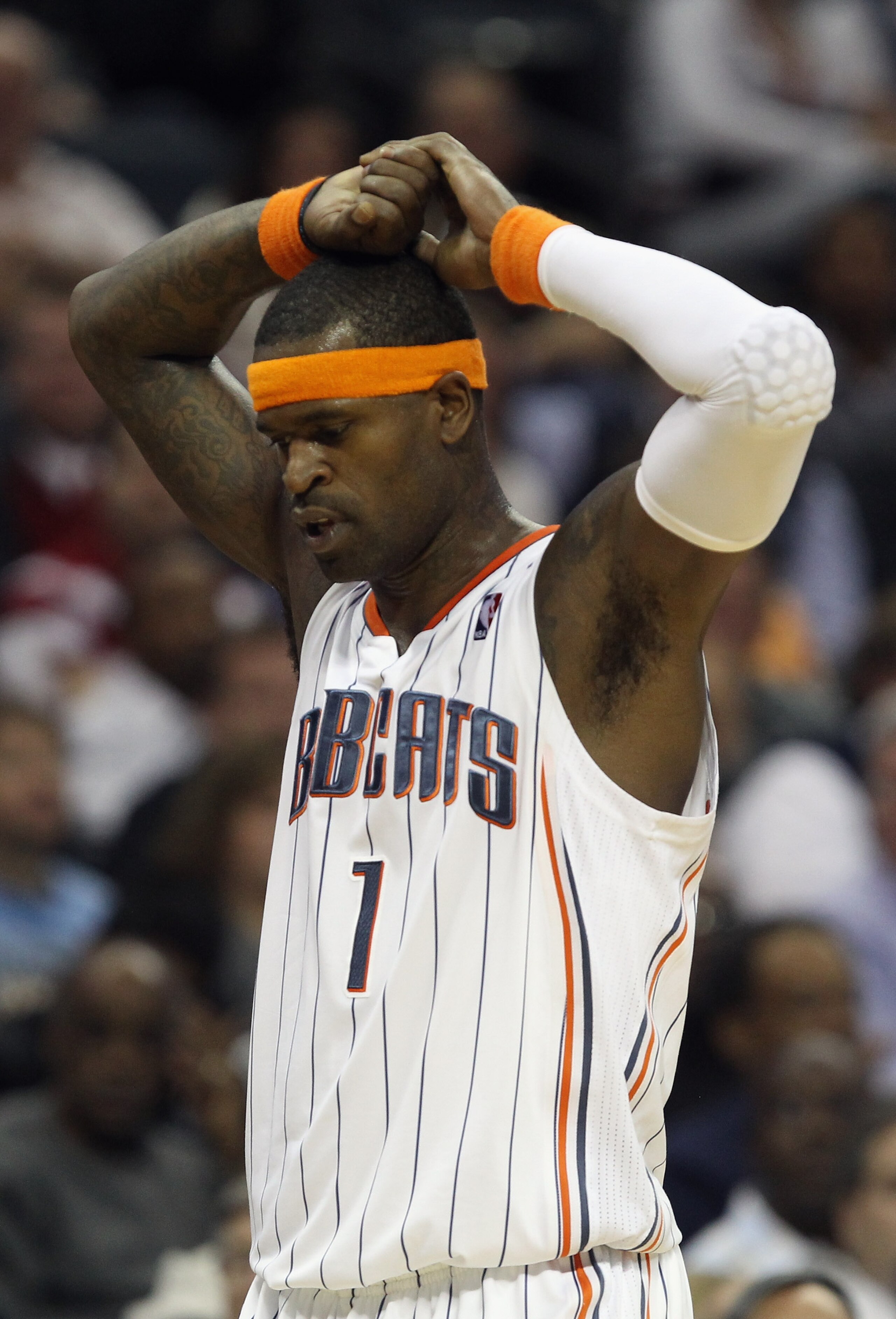 CHARLOTTE, NC - NOVEMBER 08:  Stephen Jackson #1 of the Charlotte Bobcats reacts as he walks off the floor as the Bobcats fall to the San Antonio Spurs 95-91 at Time Warner Cable Arena on November 8, 2010 in Charlotte, North Carolina.  NOTE TO USER: User 