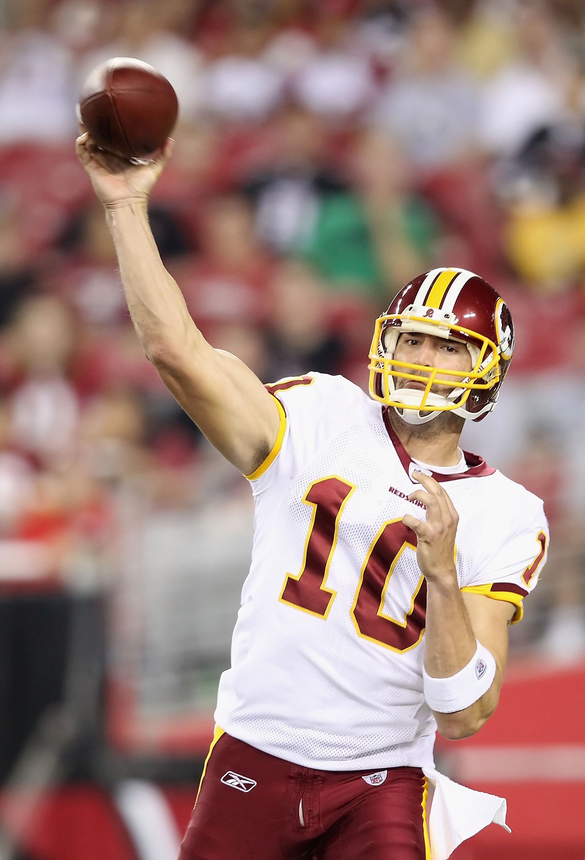 GLENDALE, AZ - SEPTEMBER 02:  Quarterback Richard Bartel #10 of the Washington Redskins throws a pass during preseason NFL game against the Arizona Cardinals at the University of Phoenix Stadium on September 2, 2010 in Glendale, Arizona. The Cardinals def