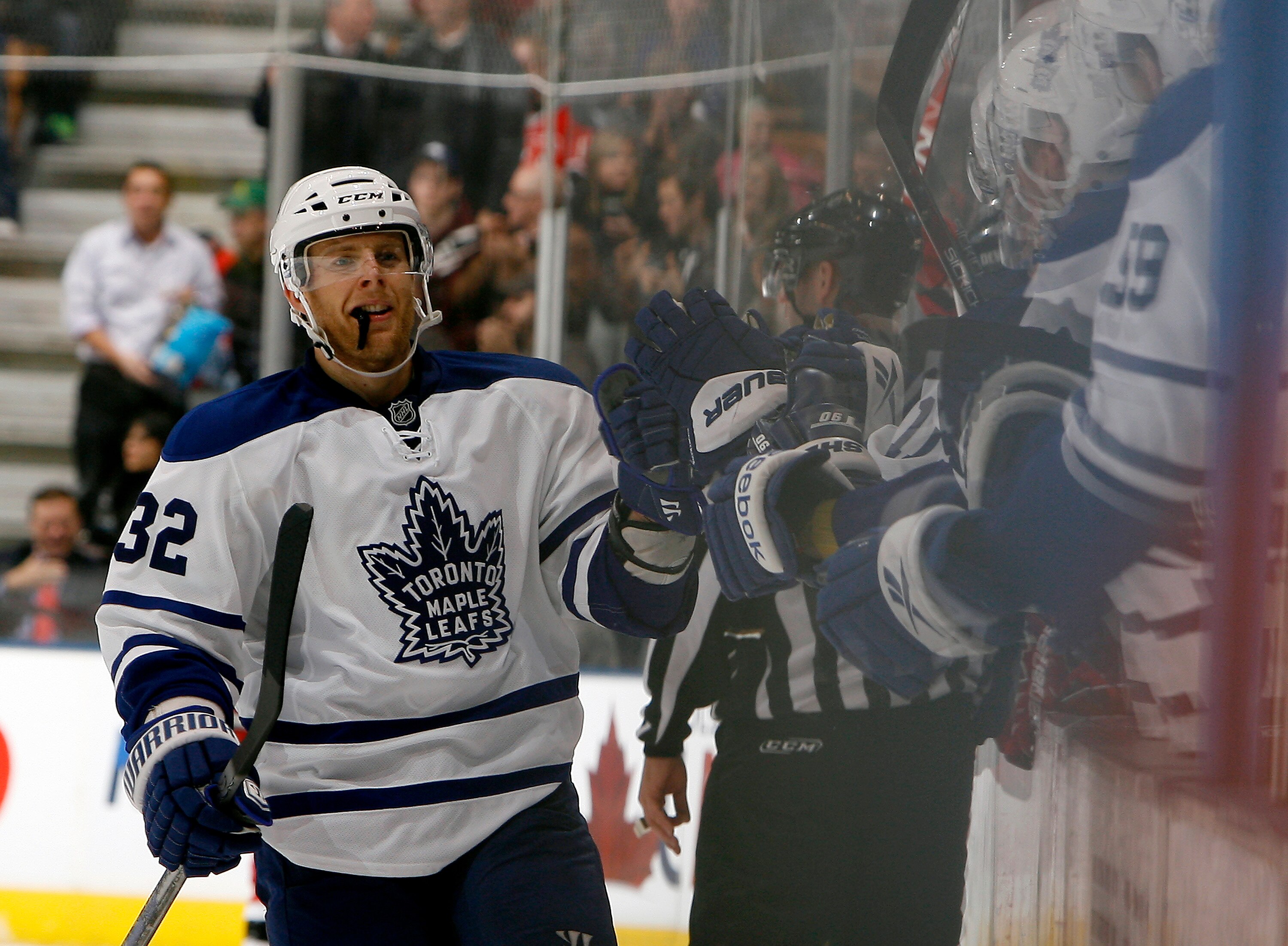 TORONTO - NOVEMBER 18: Kris Versteeg #32 of the Toronto Maple Leafs celebrates his goal against  the New Jersey Devils during game action at the Air Canada Centre November 18, 2010 in Toronto, Ontario, Canada. (Photo by Abelimages/Getty Images)