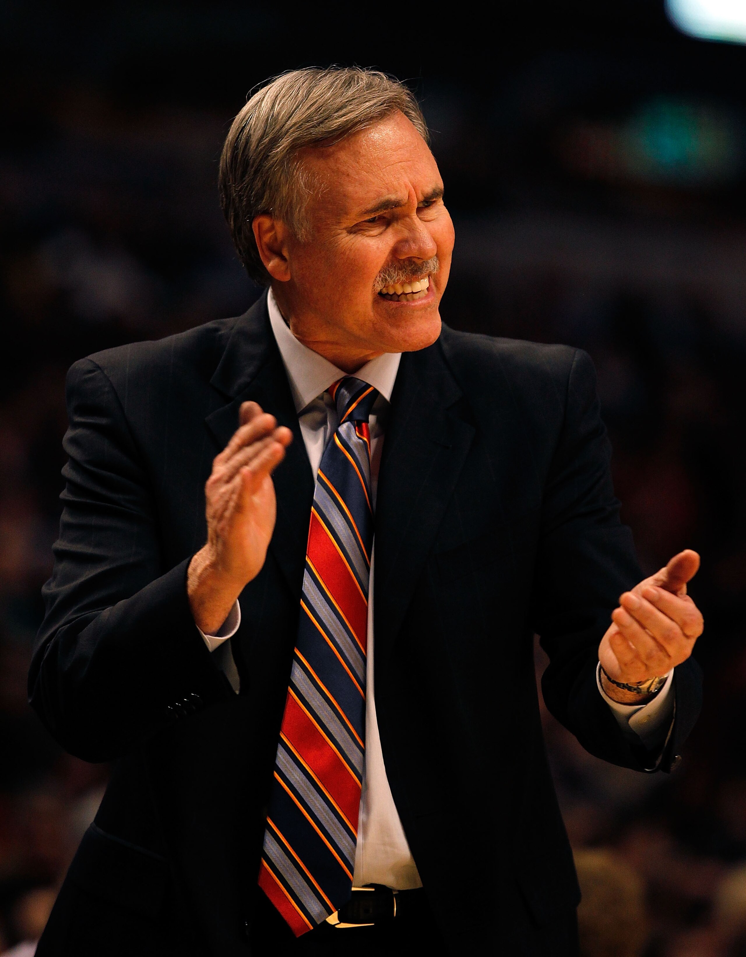 CHICAGO - NOVEMBER 04: Head coach Mike D'Antoni of the New York Knicks encourages his team as they take on the Chicago Bulls at the United Center on November 4, 2010 in Chicago, Illinois. The Knicks defeated the Bulls 120-112. NOTE TO USER: User expressly