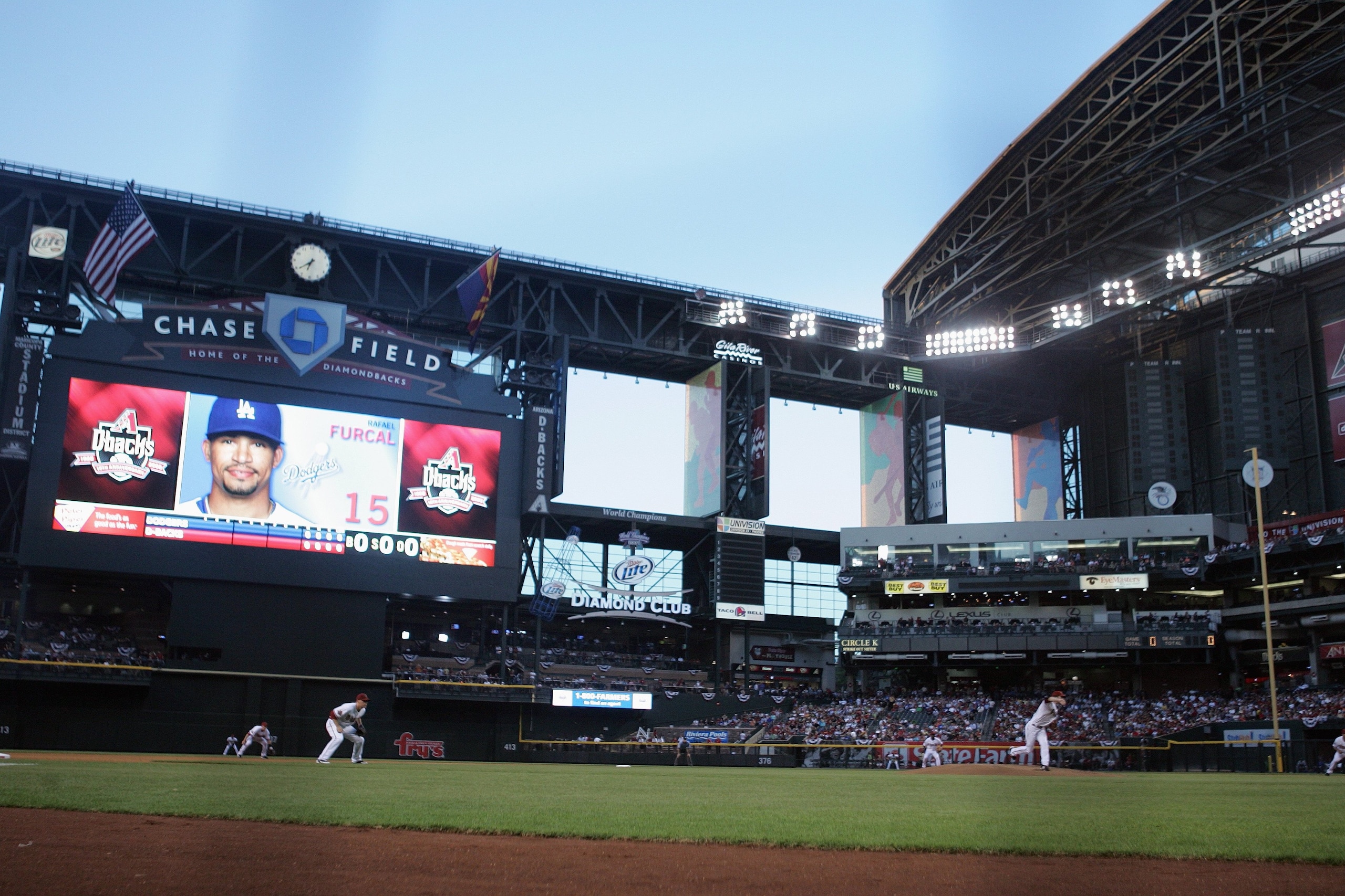 PHOENIX - APRIL 7:  A field level view of the scoreboard is shown during the first pitch of the Los Angeles Dodgers game against the Arizona Diamondbacks at Chase Field on April 7, 2008 in Phoenix, Arizona. (Photo by Jeff Gross/Getty Images)
