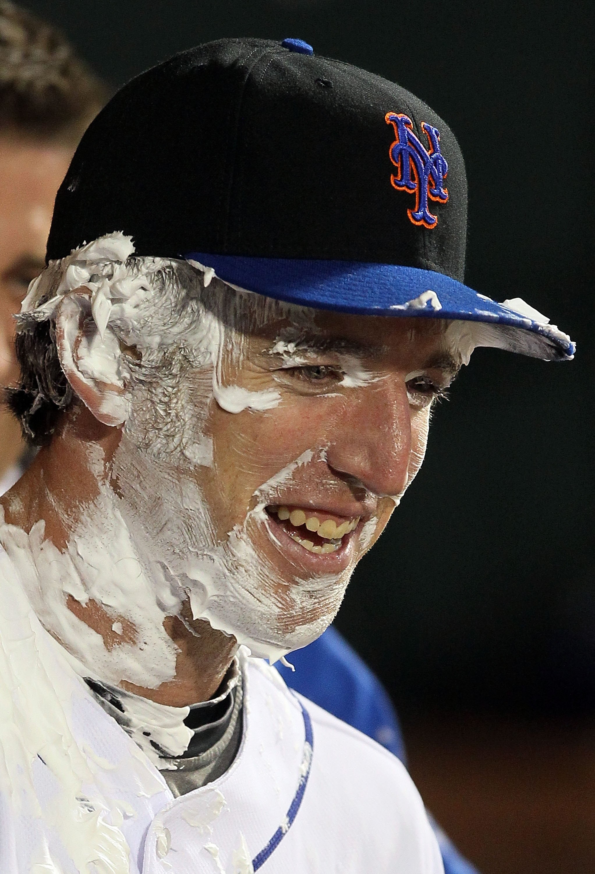 NEW YORK - APRIL 19:  New York Mets rookie Ike Davis #29 looks on after receiving a pie in the face after the game against the Chicago Cubs on April 19, 2010 at Citi Field in the Flushing neighborhood of the Queens borough of New York City. Players from b