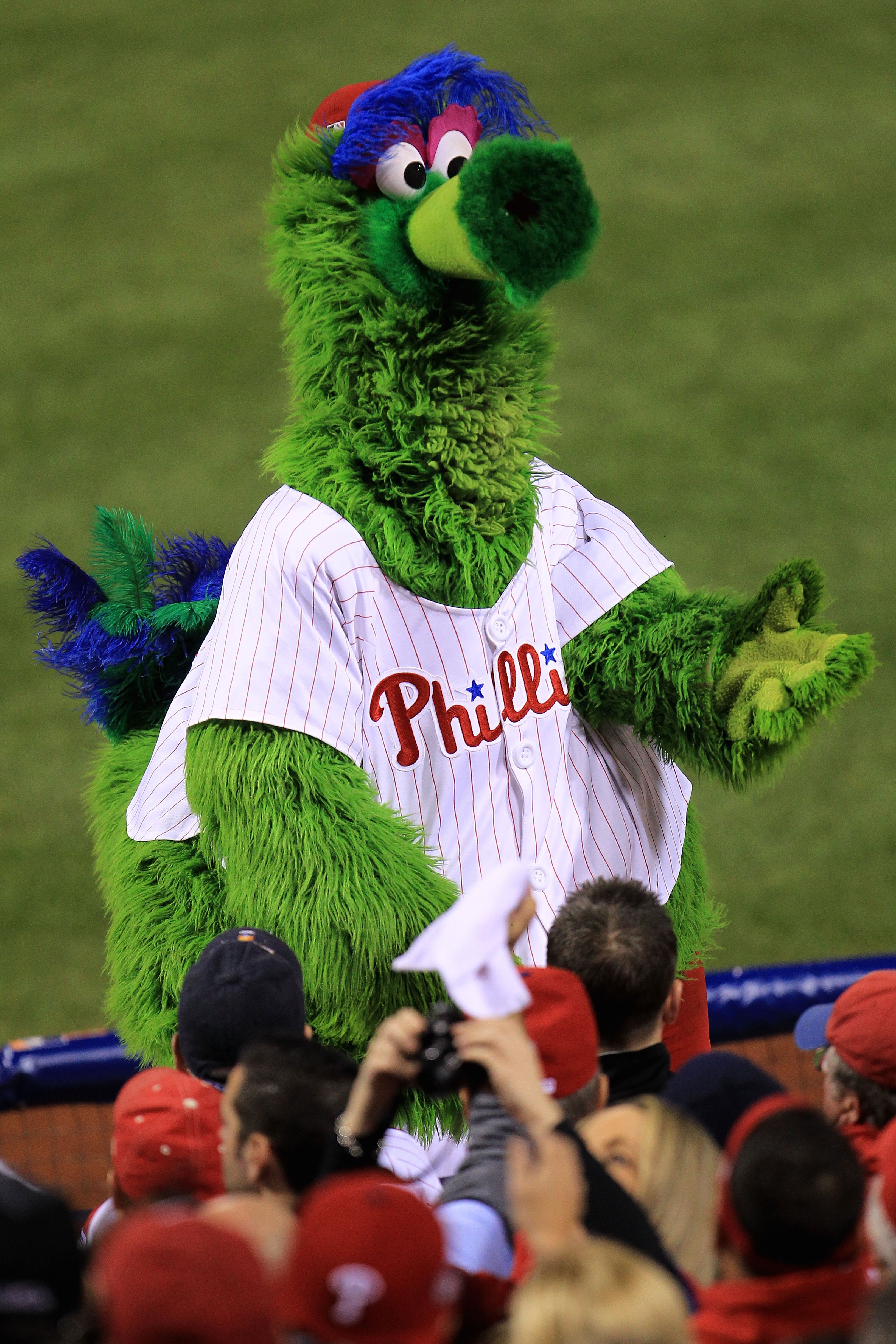 PHILADELPHIA - OCTOBER 17:  The Phillie Phanatic pumps up the crowd as the Phillies take on the San Francisco Giants in Game Two of the NLCS during the 2010 MLB Playoffs at Citizens Bank Park on October 17, 2010 in Philadelphia, Pennsylvania.  (Photo by C