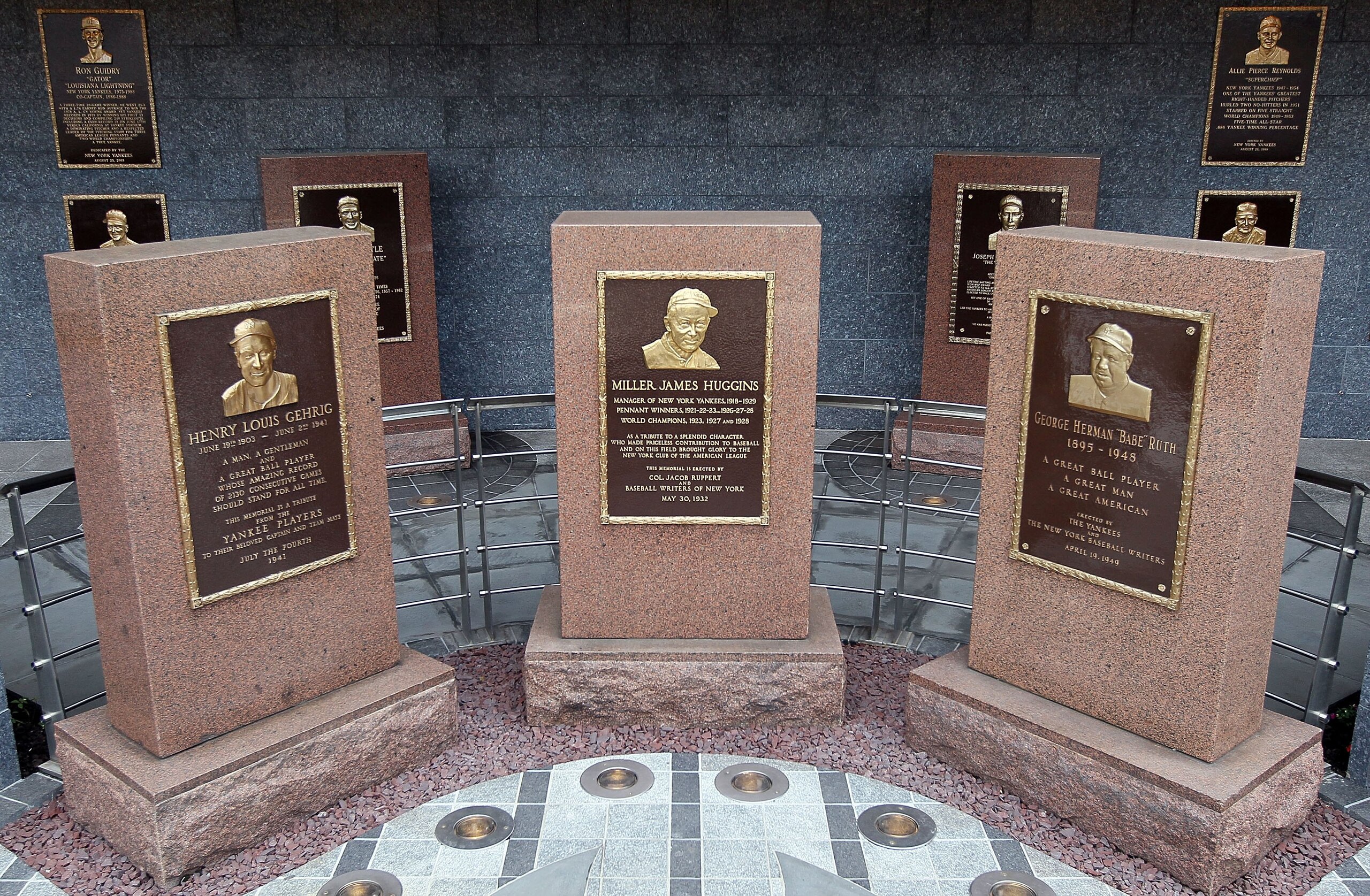 NEW YORK - MAY 02:  The monuments of (L-R) Lou Gehrig, Miller Huggins, and Babe Ruth are seen in Monument Park at Yankee Stadium prior to game between the New York Yankees and the Chicago White Sox on May 2, 2010 in the Bronx borough of New York City. The