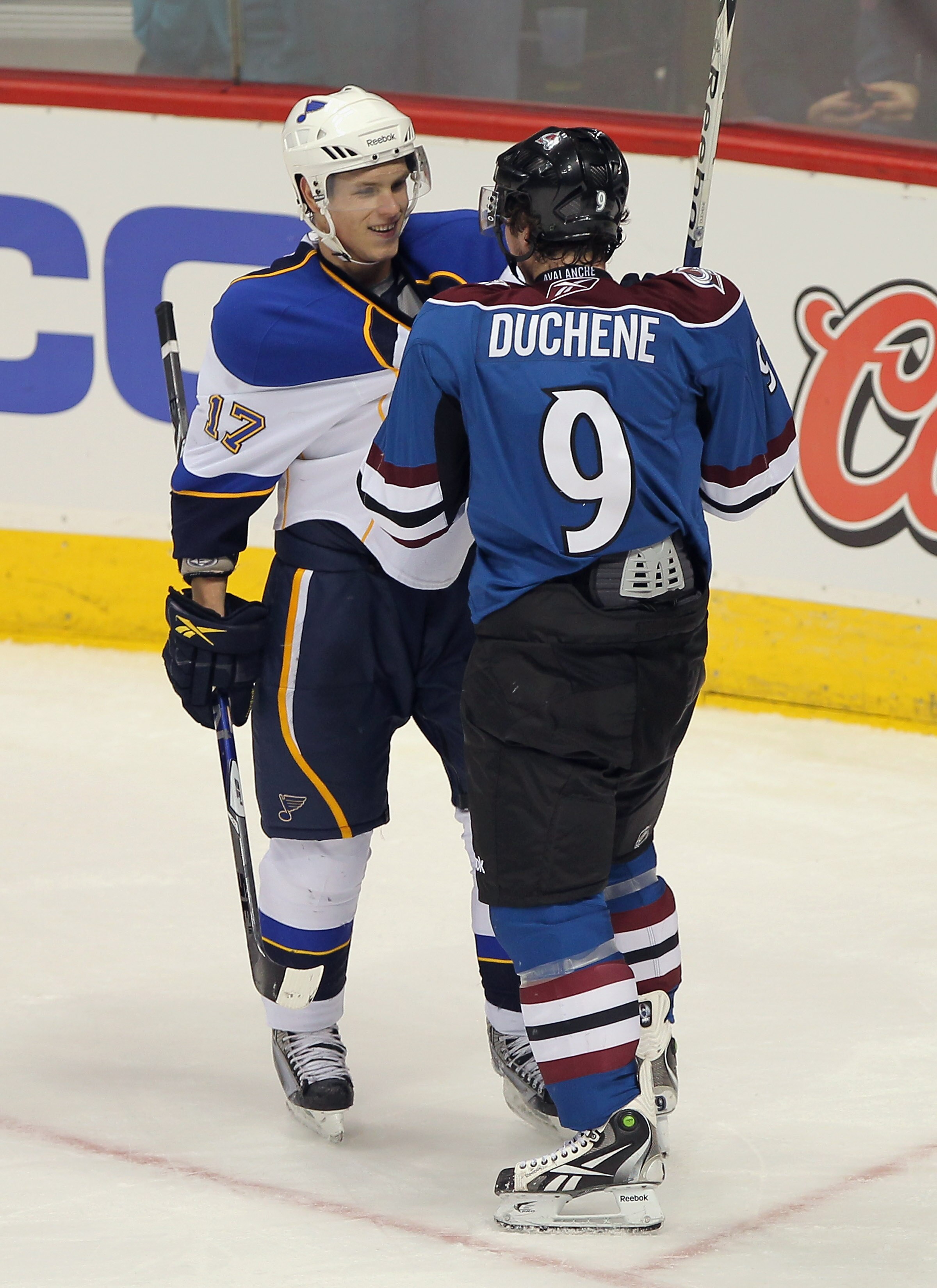 DENVER - NOVEMBER 15:  Matt Duchene #9 of the Colorado Avalanche and Vladimir Sobotka #17 of the St. Louis Blues have words with one another just before they started fighting in the third period at the Pepsi Center on November 15, 2010 in Denver, Colorado