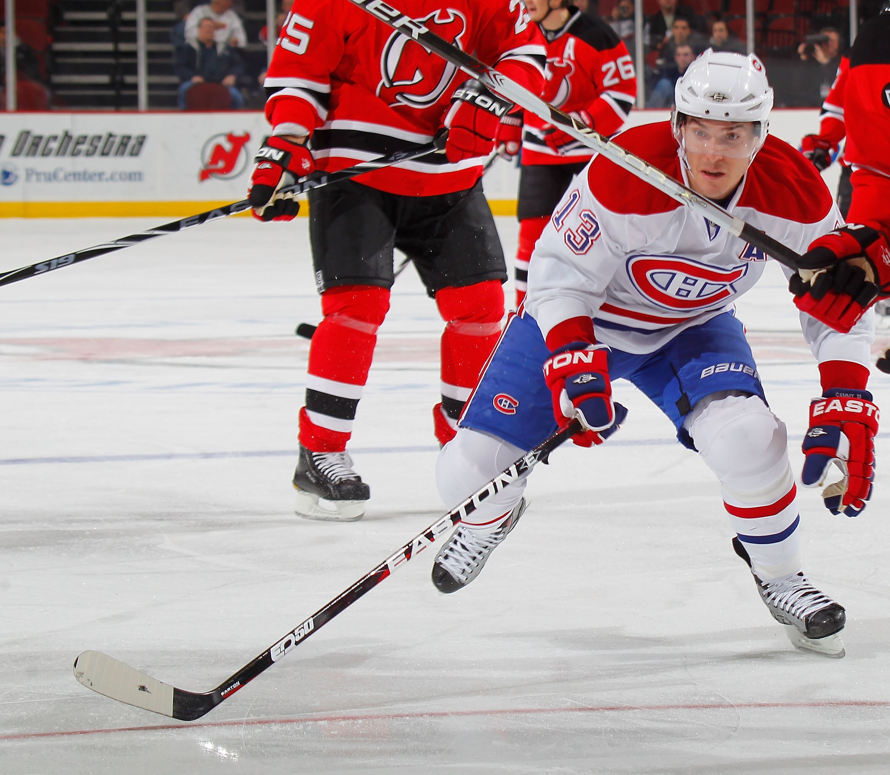 NEWARK, NJ - DECEMBER 02:  Michael Cammalleri #13 of the Montreal Canadiens skates during a hockey game against the New Jersey Devils at the Prudential Center on December 2, 2010 in Newark, New Jersey. The Canadiens won 5-1. (Photo by Paul Bereswill/Getty