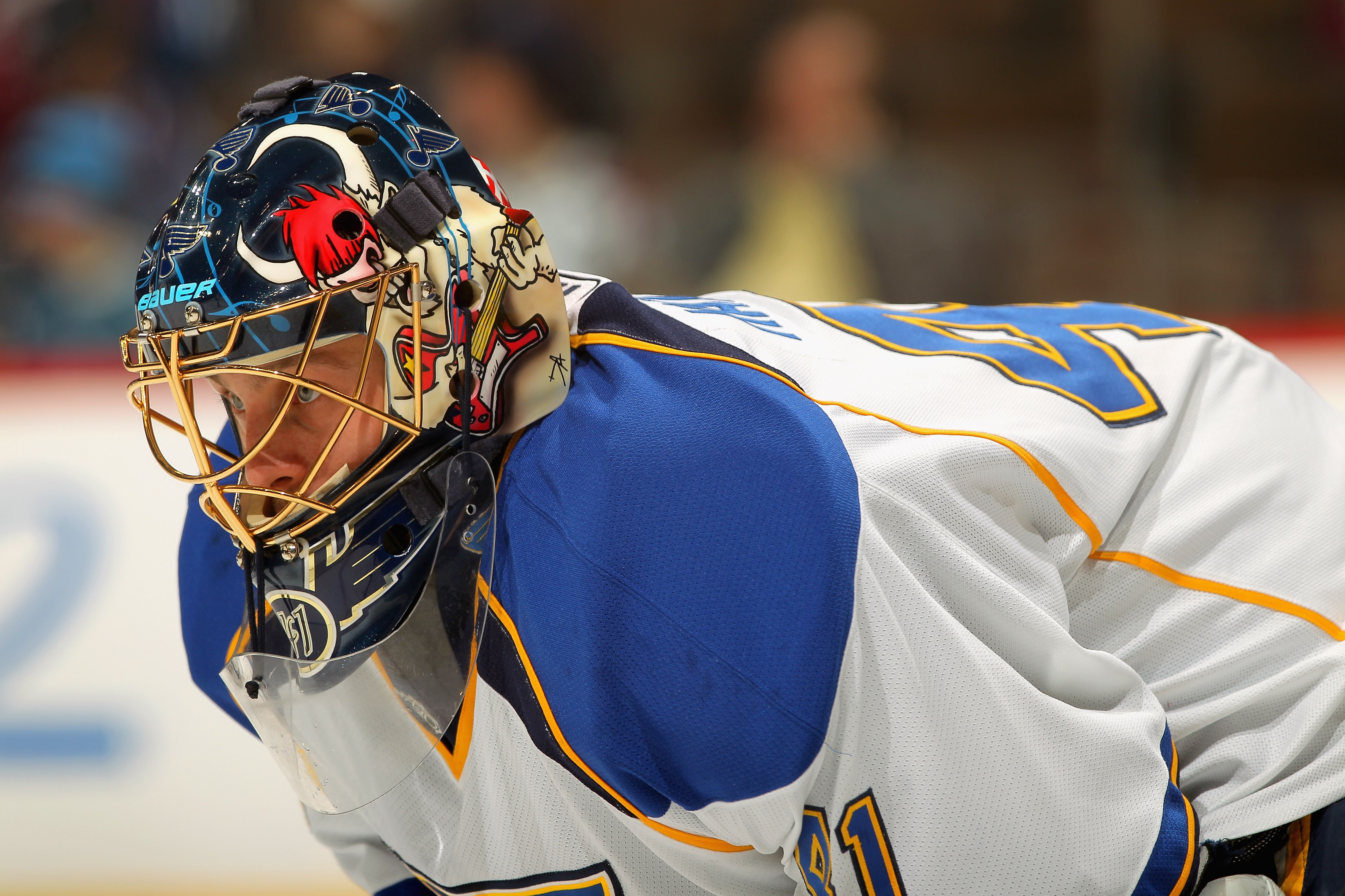 DENVER - NOVEMBER 15:  Goalie Jaroslav Halak #41 of the St. Louis Blues looks on as he faces the Colorado Avalanche at the Pepsi Center on November 15, 2010 in Denver, Colorado. The Avalanche defeated the Blues 6-3.  (Photo by Doug Pensinger/Getty Images)
