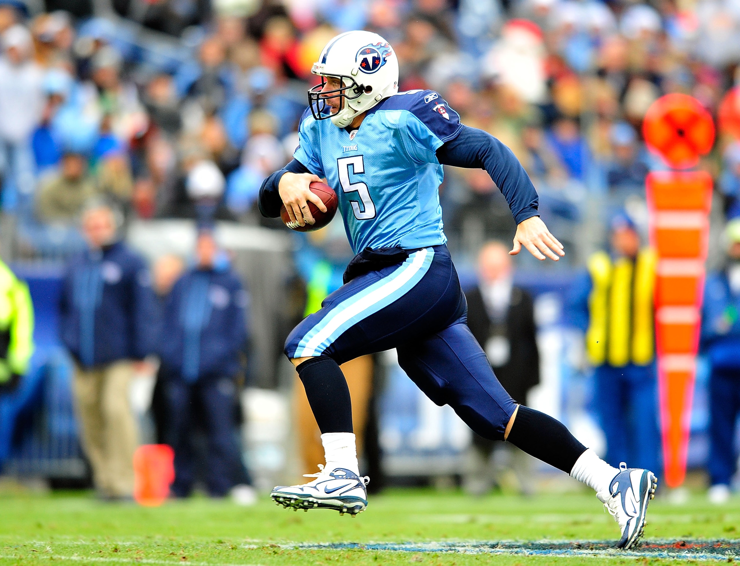 NASHVILLE, TN - DECEMBER 05:  Quarterback Kerry Collins #5 of the Tennessee Titans runs after being flushed out of the pocket by the Jacksonville Jaguars at LP Field on December 5, 2010 in Nashville, Tennessee. The Jaguars won 17-6. (Photo by Grant Halver
