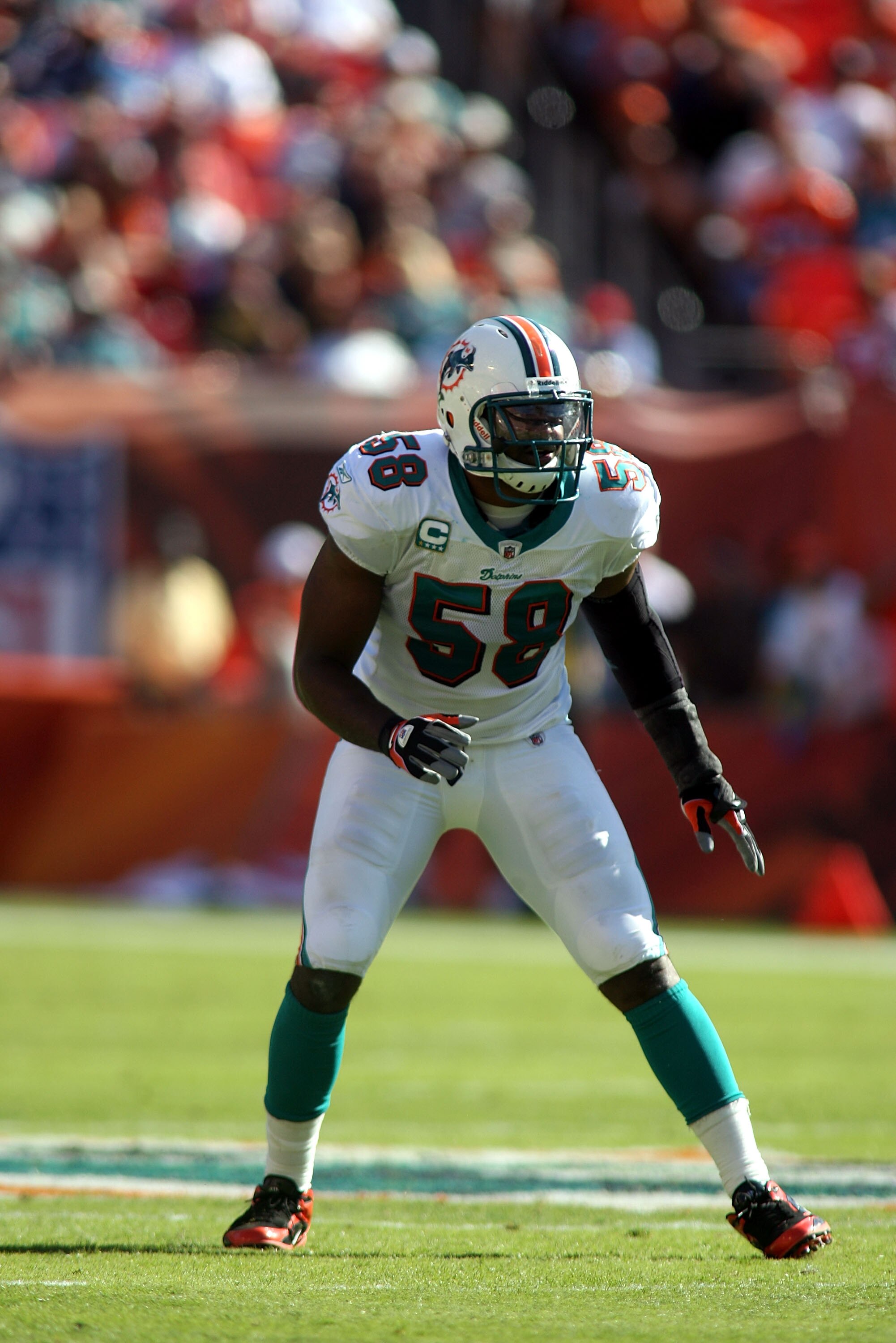 MIAMI, FL - DECEMBER 05:  Linebacker Karlos dansby #58 of the Miami Dolphins runs against the Cleveland Browns at Sun Life Stadium on December 5, 2010 in Miami, Florida. Cleveland defeated Miami 13-10.  (Photo by Marc Serota/Getty Images)