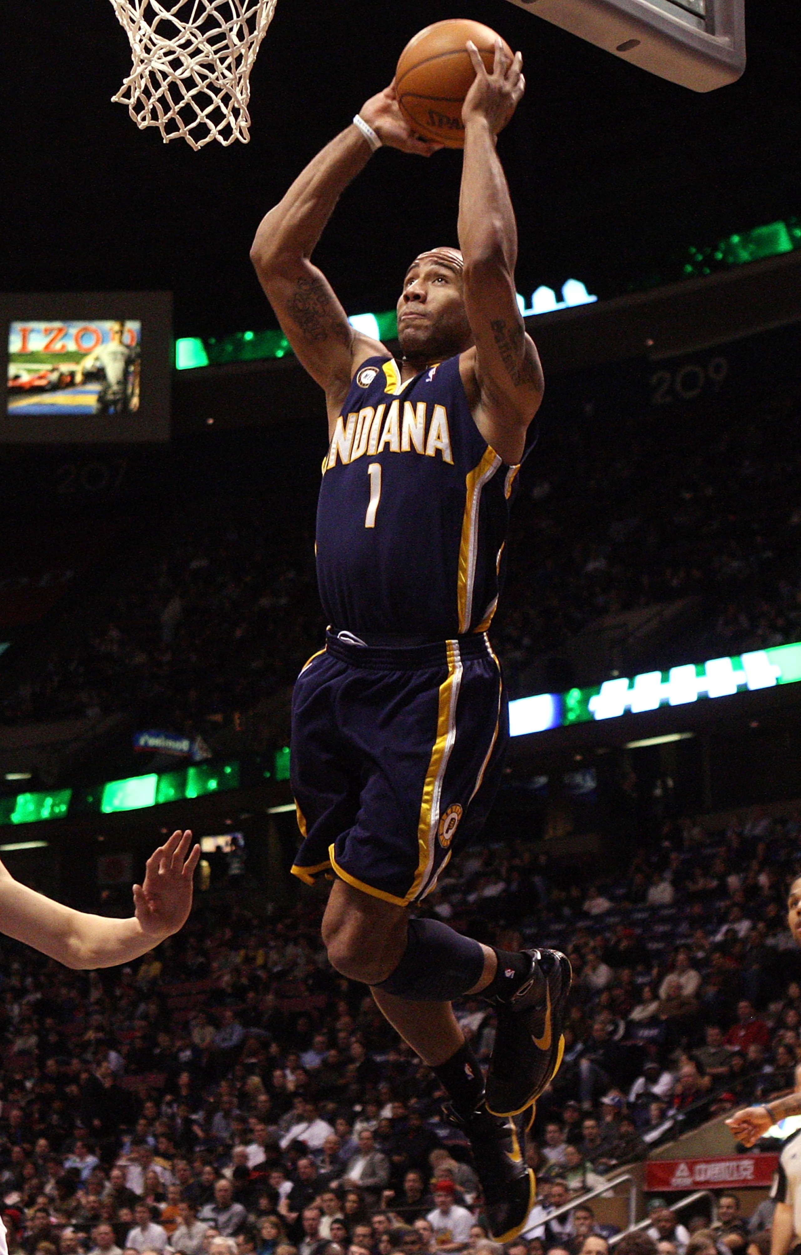 EAST RUTHERFORD, NJ - JANUARY 15:  Dahntay Jones #1 of the Indiana Pacers takes a shot against the New Jersey Nets at the Izod Center on January 15, 2010 in East Rutherford, New Jersey. NOTE TO USER: User expressly acknowledges and agrees that, by downloa