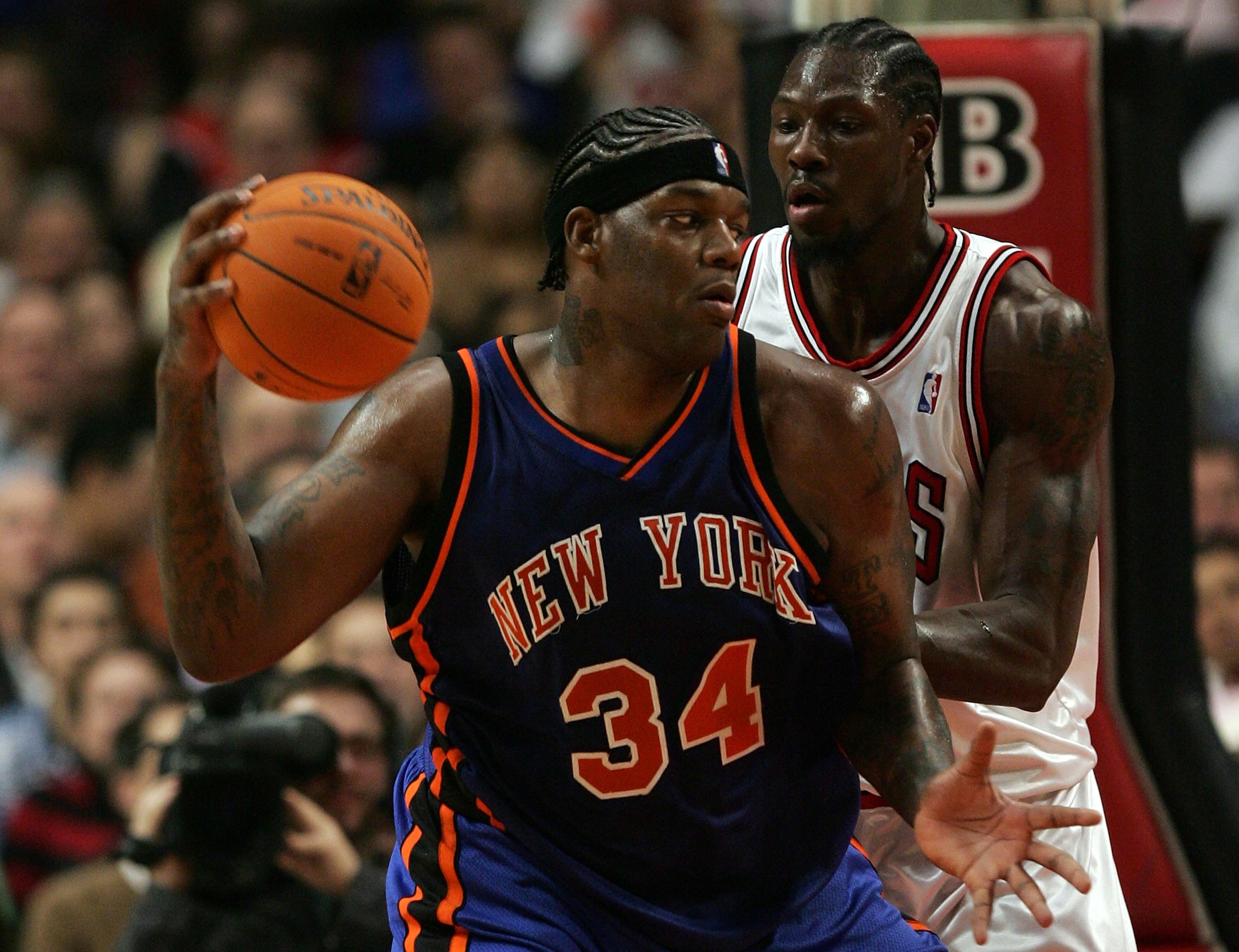CHICAGO - NOVEMBER 28:  Eddy Curry #34 of the New York Knicks looks to move the ball in the post against Ben Wallace #3 of the Chicago Bulls November 28, 2006 at the United Center in Chicago, Illinois. The Bulls won 102-85. NOTE TO USER: User expressly ac