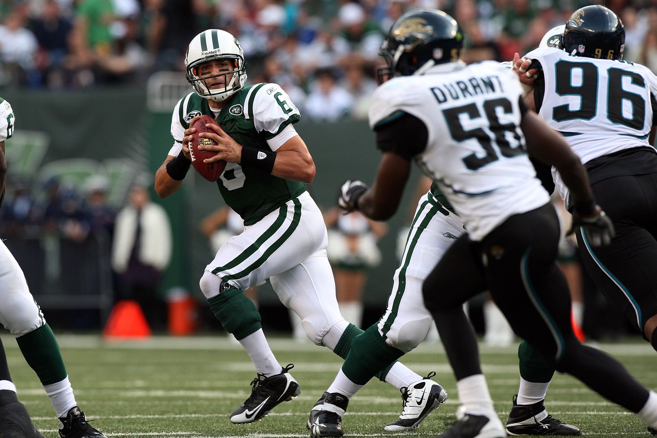 EAST RUTHERFORD, NJ - NOVEMBER 15:  Mark Sanchez #6 of the New York Jets looks to throw a pass against the Jacksonville Jaguars on November 15, 2009 at Giants Stadium in East Rutherford, New Jersey. Jacksonville defeated the Jets 24-22.  (Photo by Jim McI