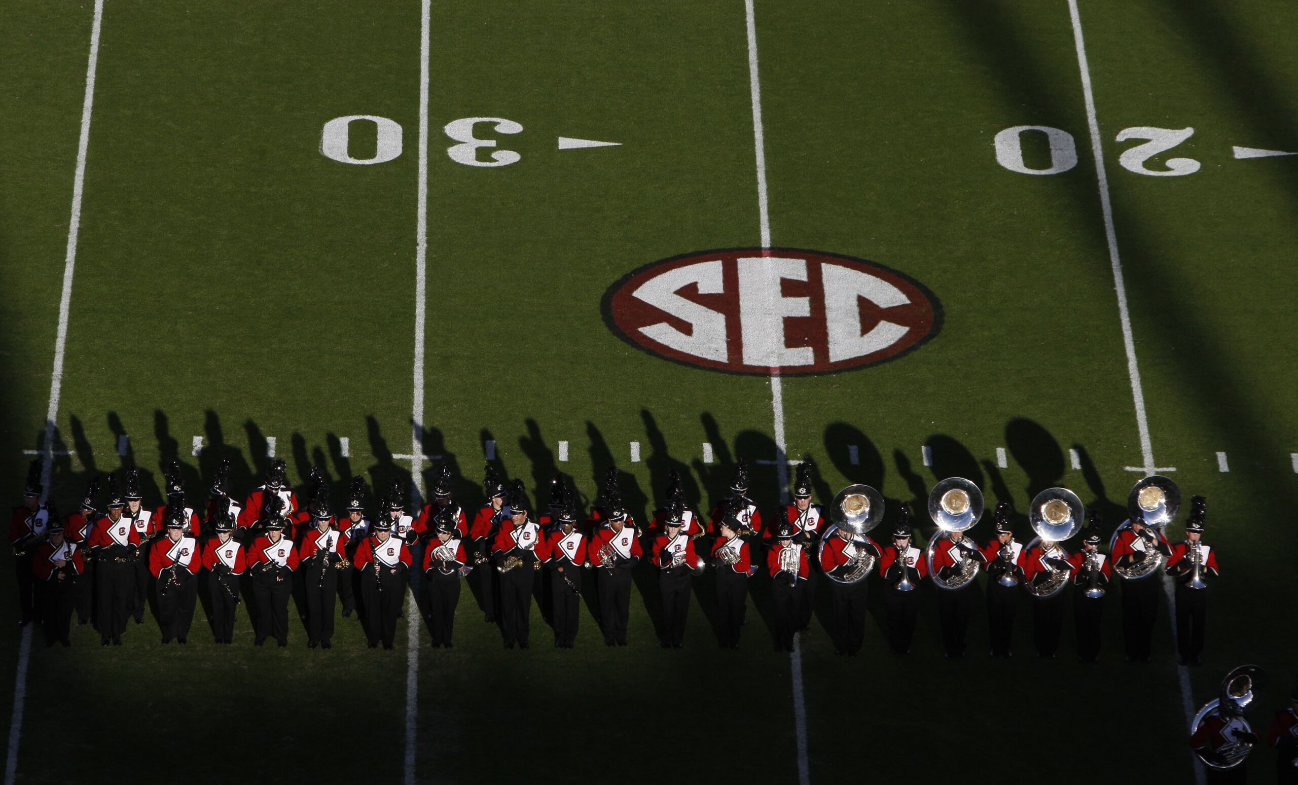 COLUMBIA, SC - NOVEMBER 14:  Overhead view of South Carolina Gamecocks marching band with SEC logo during the game against the Florida Gators at Williams-Brice Stadium on November 14, 2009 in Columbia, South Carolina. (Photo by Streeter Lecka/Getty Images