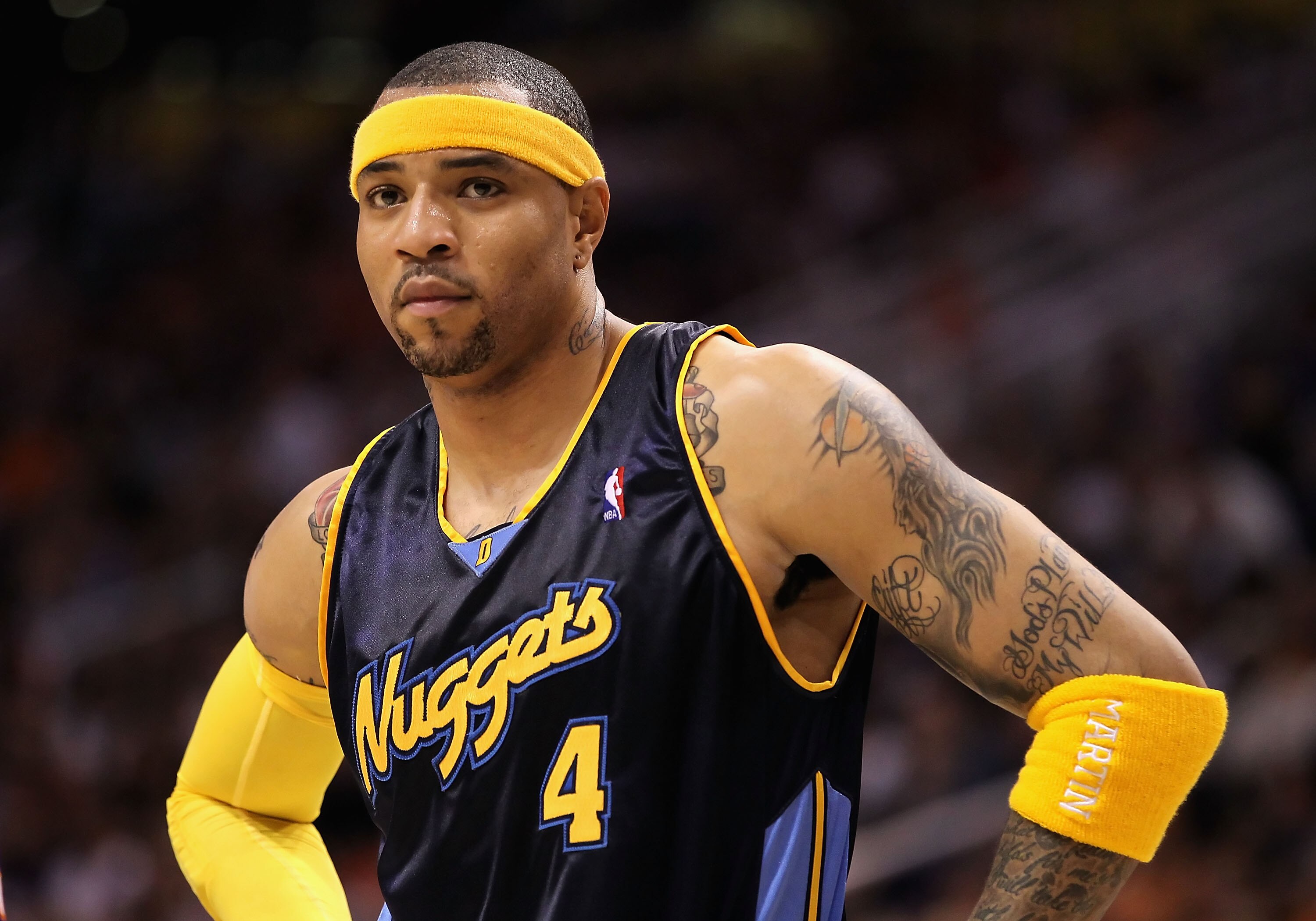 PHOENIX - APRIL 13:  Kenyon Martin #4 of the Denver Nuggets awaits a free throw shot during the NBA game against the Phoenix Suns at US Airways Center on April 13, 2010 in Phoenix, Arizona. NOTE TO USER: User expressly acknowledges and agrees that, by dow
