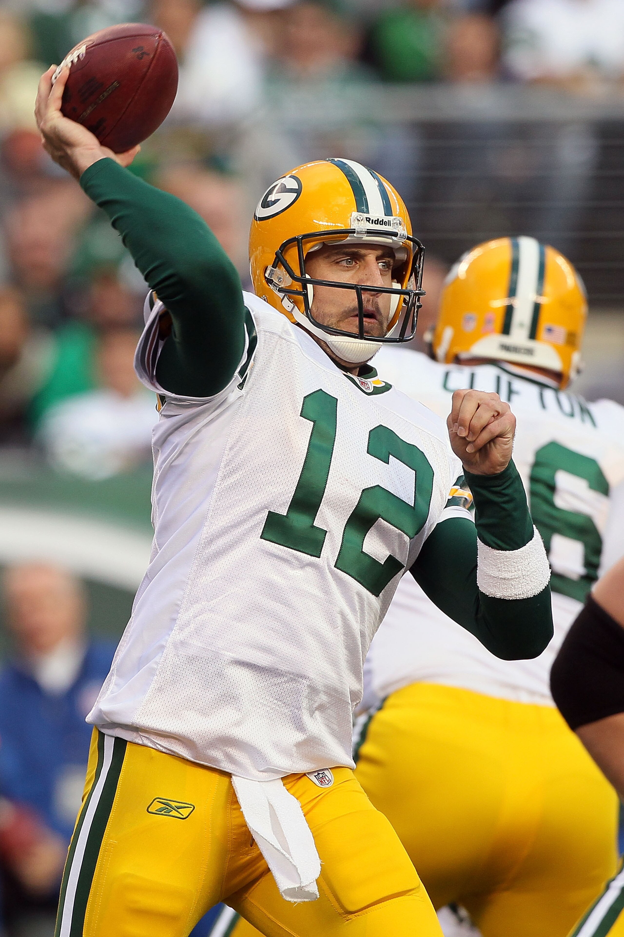 EAST RUTHERFORD, NJ - OCTOBER 31: Aaron Rodgers #12 of the Green Bay Packers throws a pass against the New York Jets on October 31, 2010 at the New Meadowlands Stadium in East Rutherford, New Jersey.The Packers defeated the Jets 9-0. (Photo by Jim McIsaac