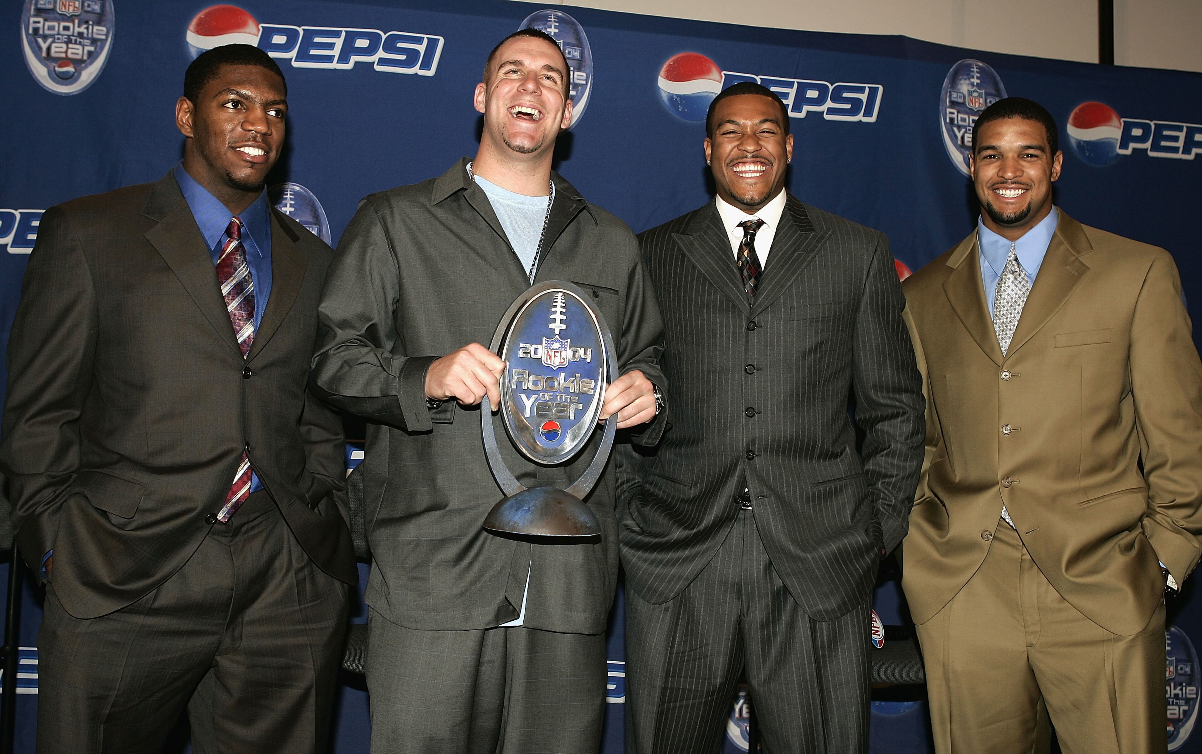 JACKSONVILLE, FL-  FEBRUARY 3:  (L-R)  Four of the five finalists for Pepsi NFL Rookie of the Year Jonathan Vilma, Ben Roethlisberger, Michael Clayton and Michael Boulware pose during the Pepsi NFL Rookie of the Year award news conference before Super Bow